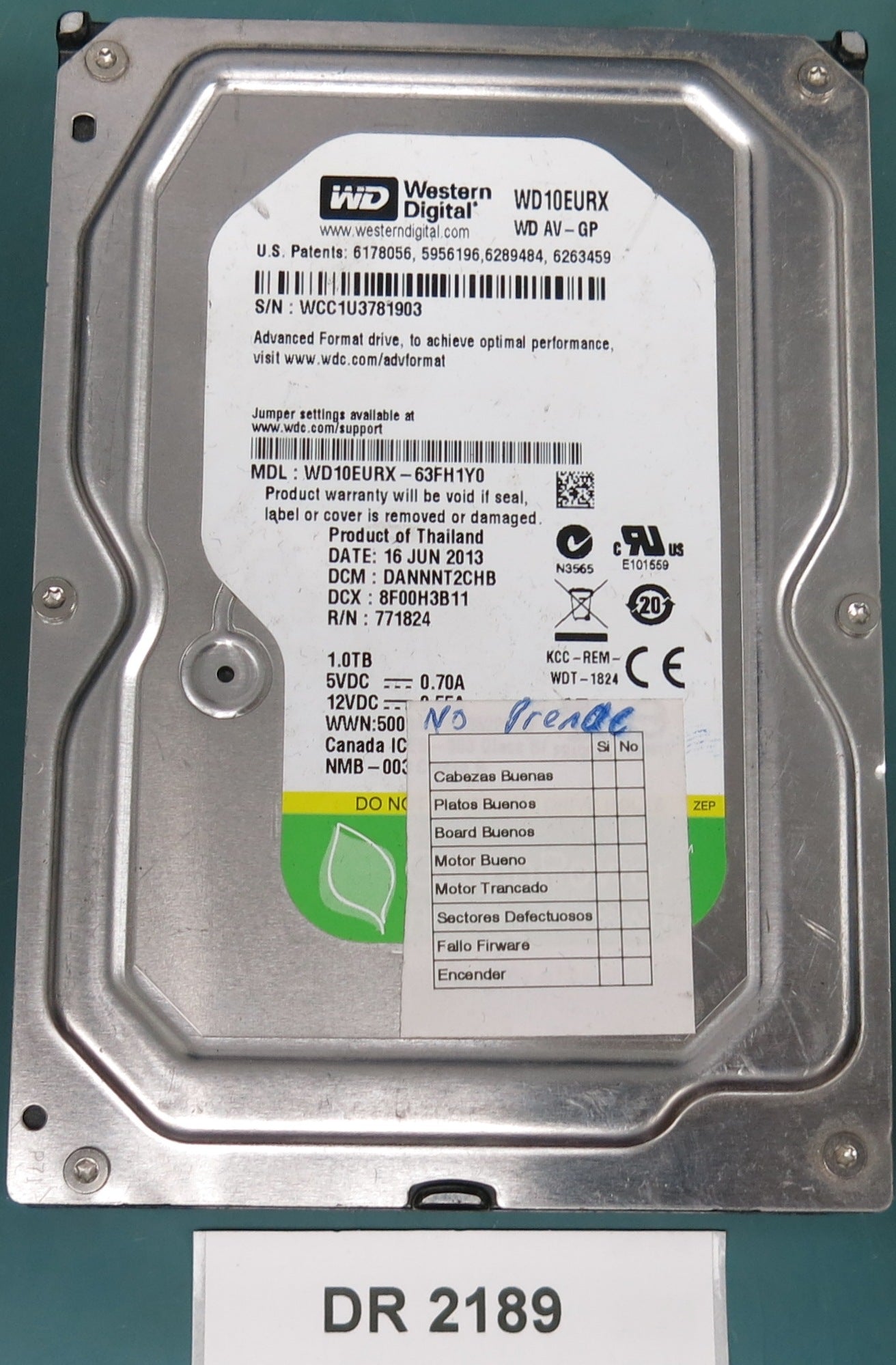 WD10EURX-63FH1Y0, DCM DANNNT2CHB, 1.0TB 3.5, PCB 2060-771821-005 REV A