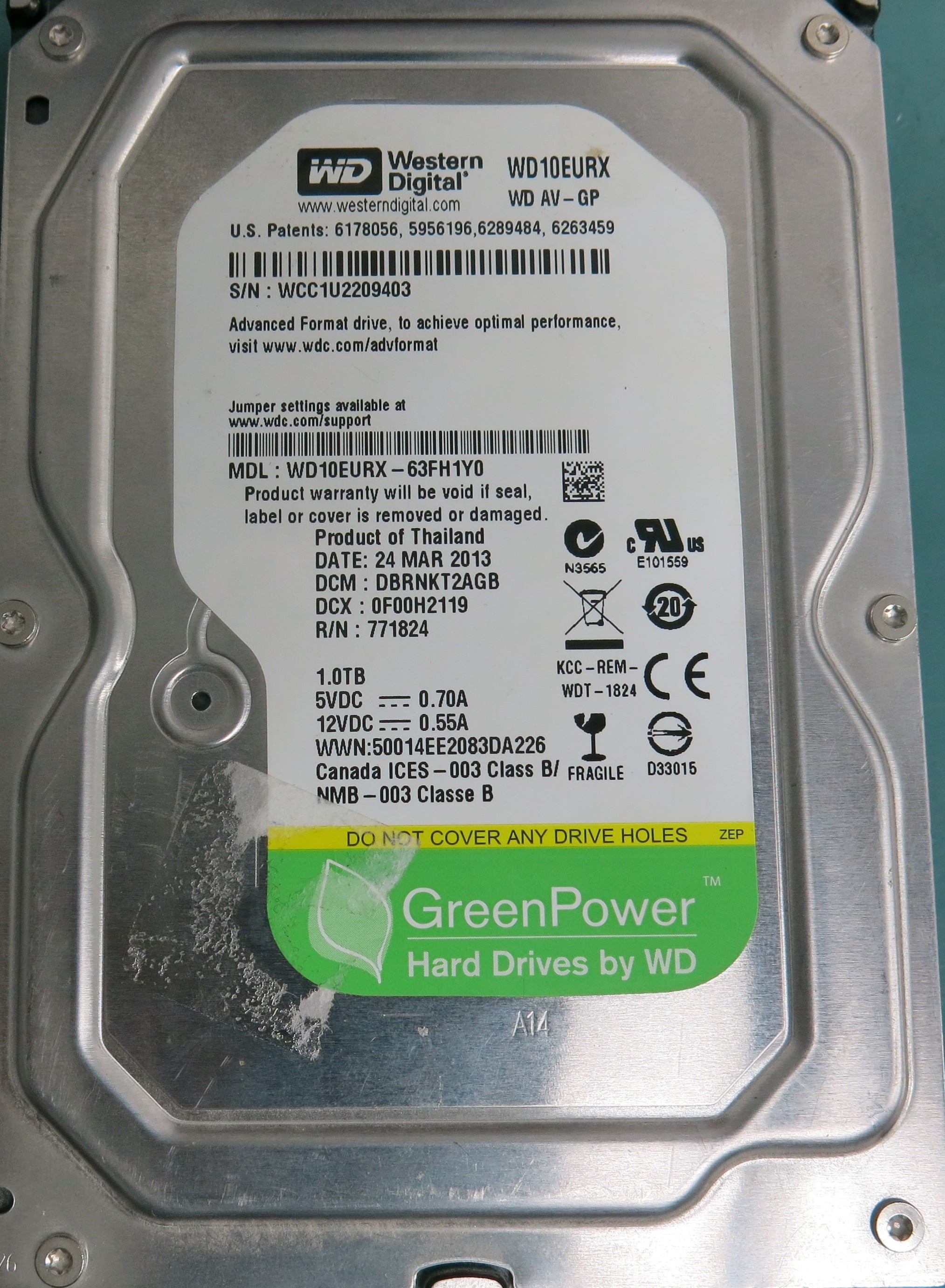 WD10EURX-63FH1Y0, DCM DBRNKT2GB, 1.0TB 3.5,