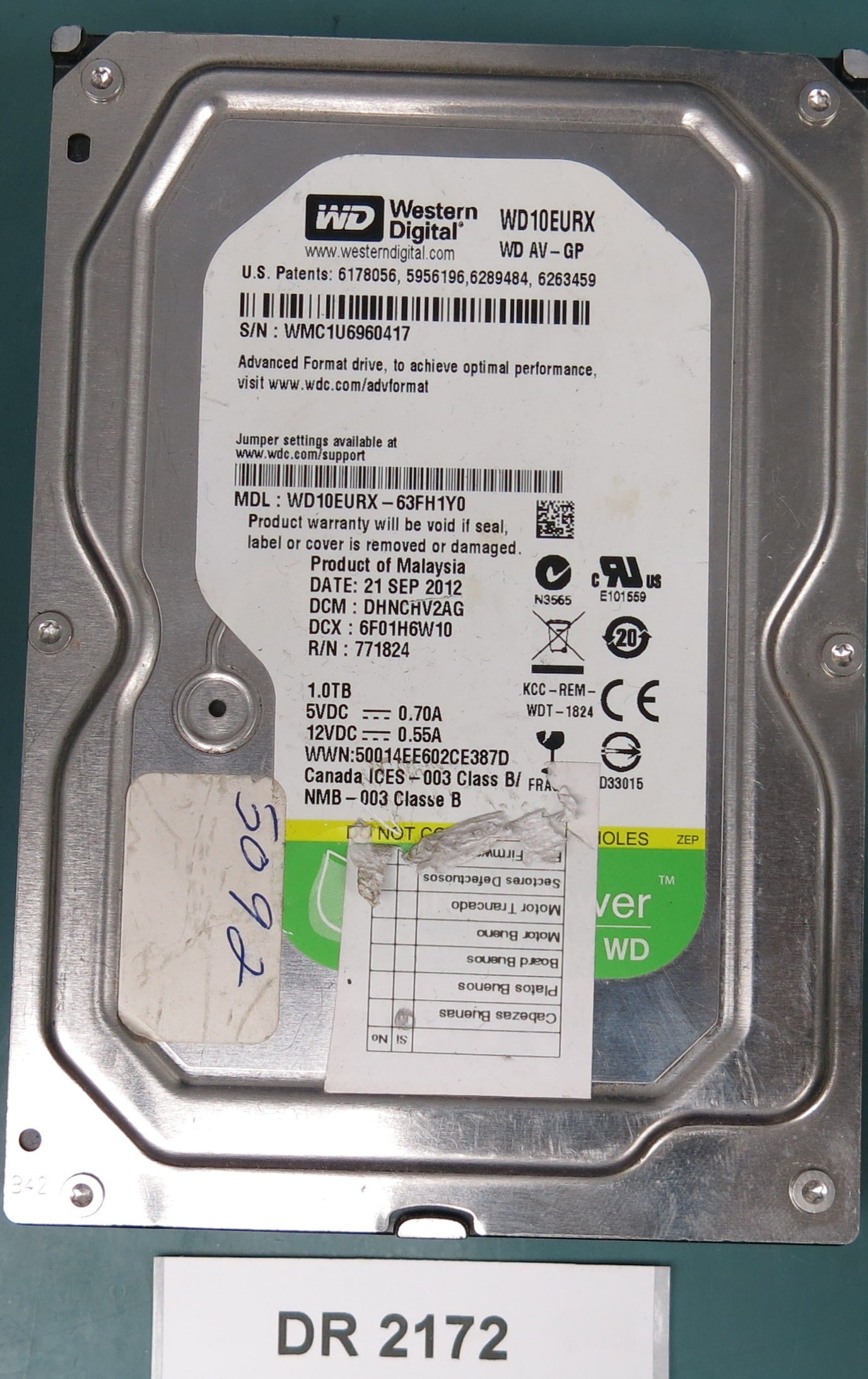WD10EURX-63FH1Y0, DCM DHNCHV2AG, 1.0TB 3.5, PCB 2060-771824-005 REV A