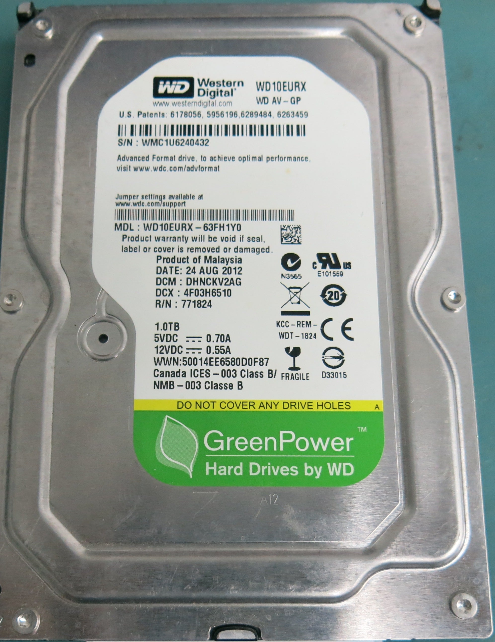 WD10EURX-63FH1Y0, DCM DHNCKV2AG, 1.0TB 3.5, PCB 2060-771824-005 REV A