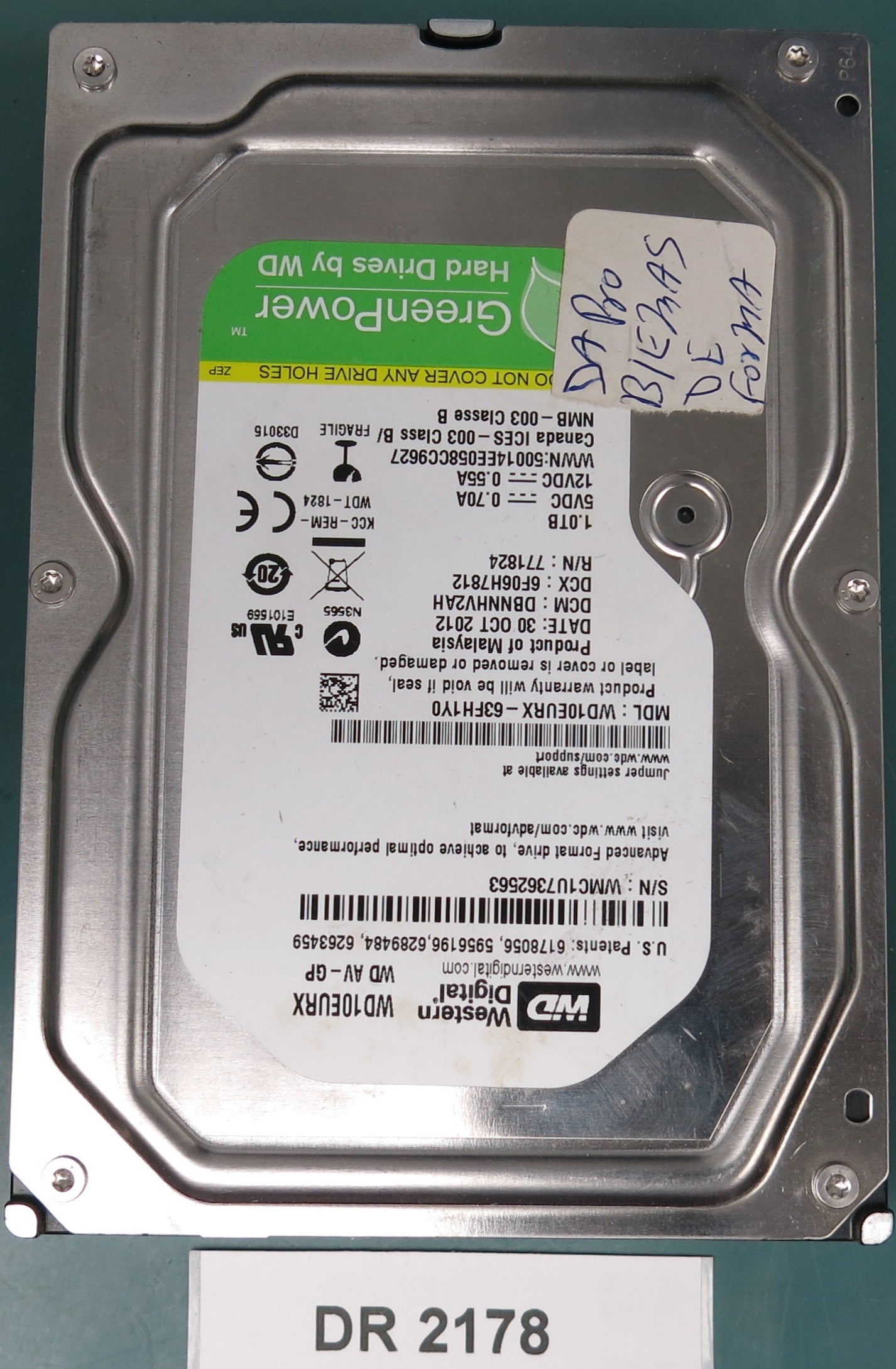 WD10EURX-63FH1Y0, DCM DMNNHV2AH, 1.0TB 3.5, PCB 2060-771824-005 REV A