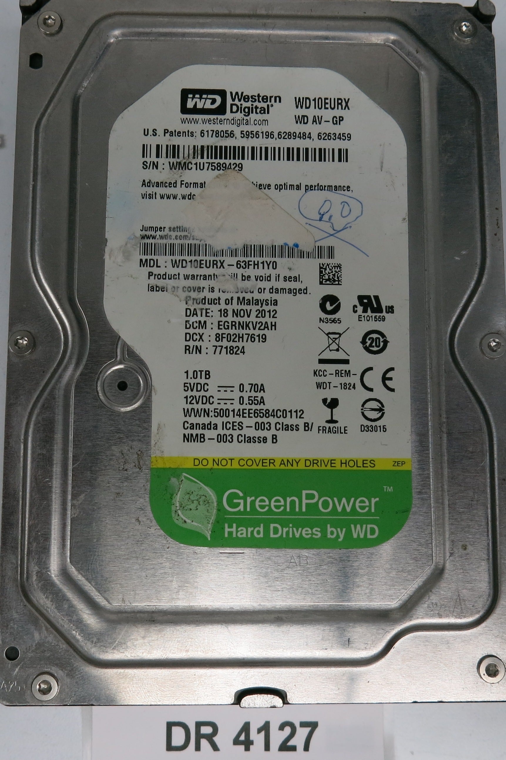 WD10EURX-63FH1Y0,  DCM: EGRNKV2AH,  Serial: WMC1U7589429,  1.0TBGB 3.5,  PCB 2060-771824-005 REV A