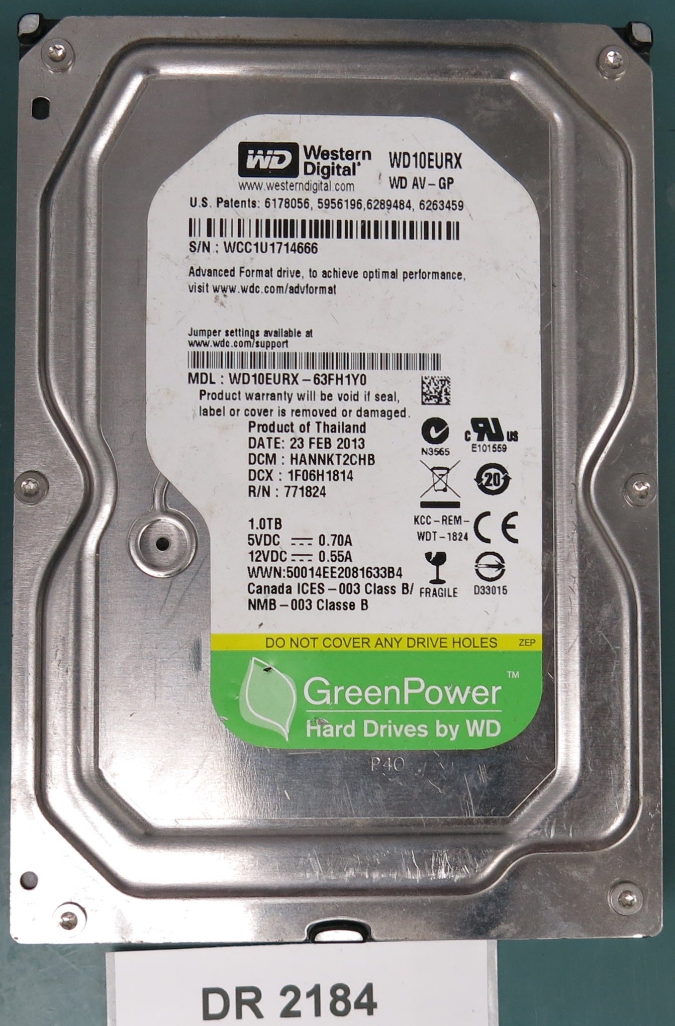 WD10EURX-63FH1Y0, DCM HANNKT2CHB, 1.0TB 3.5, PCB 2060-771824-005 REV A