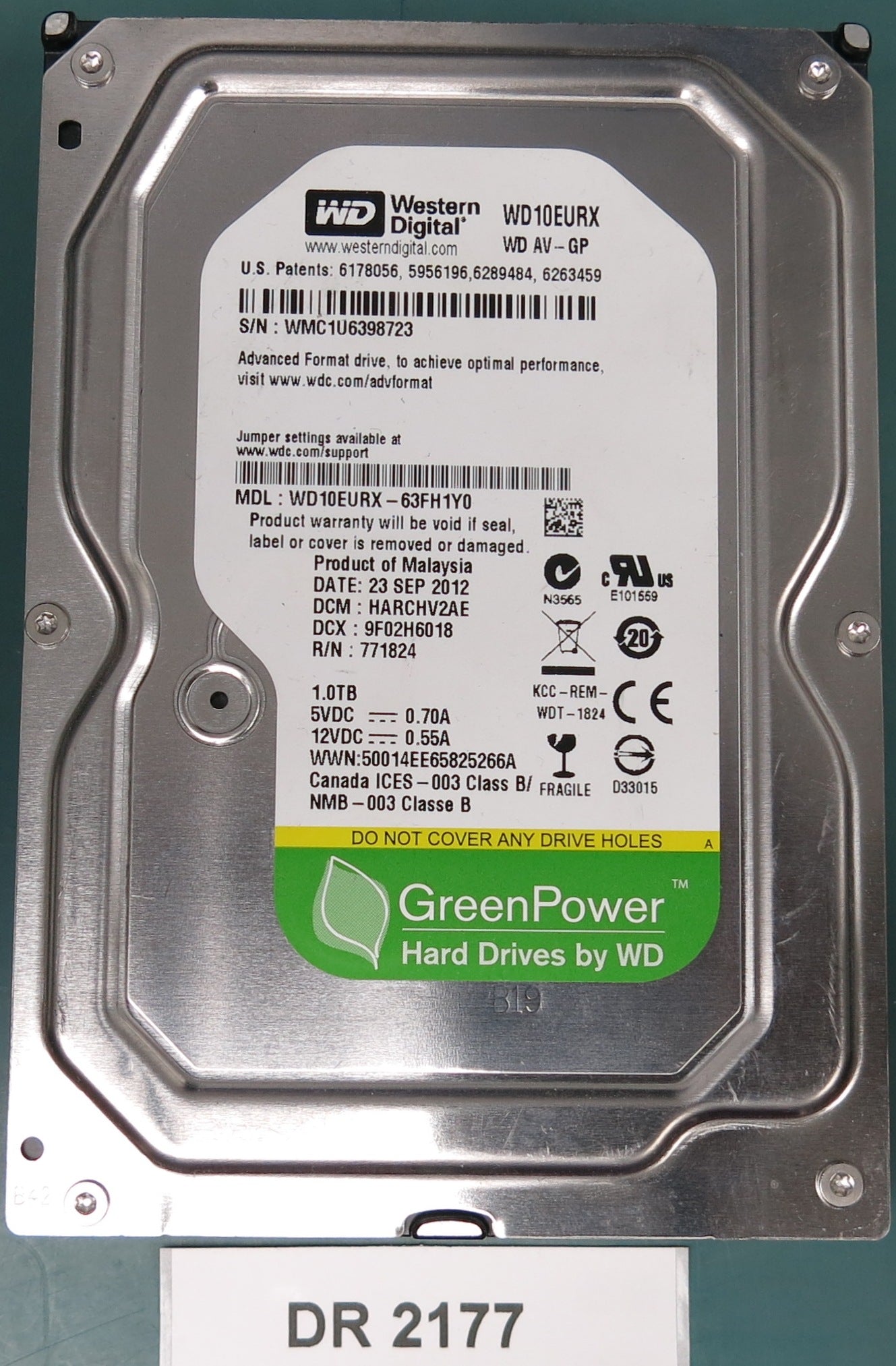 WD10EURX-63FH1Y0, DCM HARCHV2AE, 1.0TB 3.5, PCB 2060-771824-005 REV A