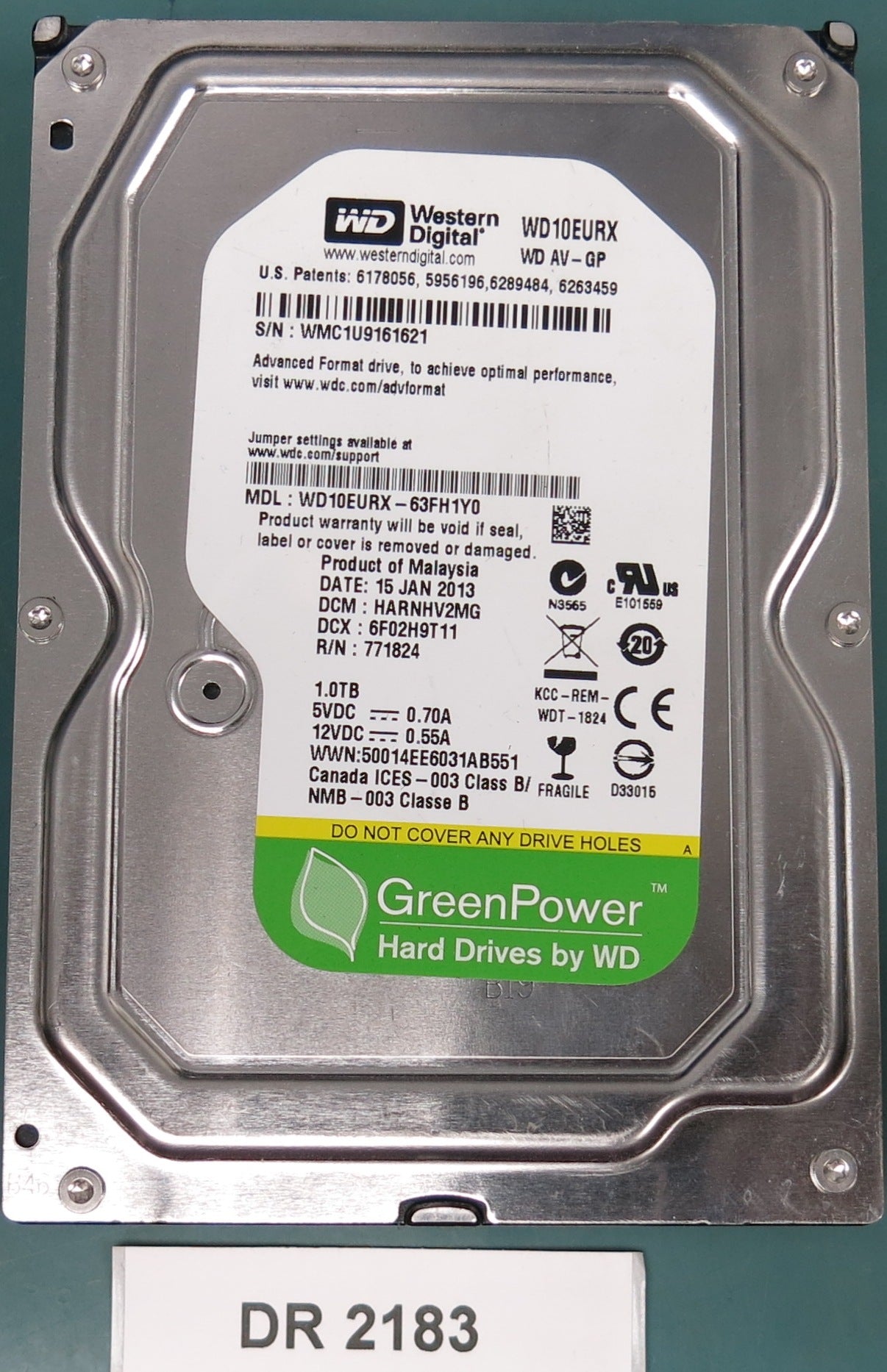 WD10EURX-63FH1Y0, DCM HARNHV2MG, 1.0TB 3.5, PCB 2060-771824-005 REV A