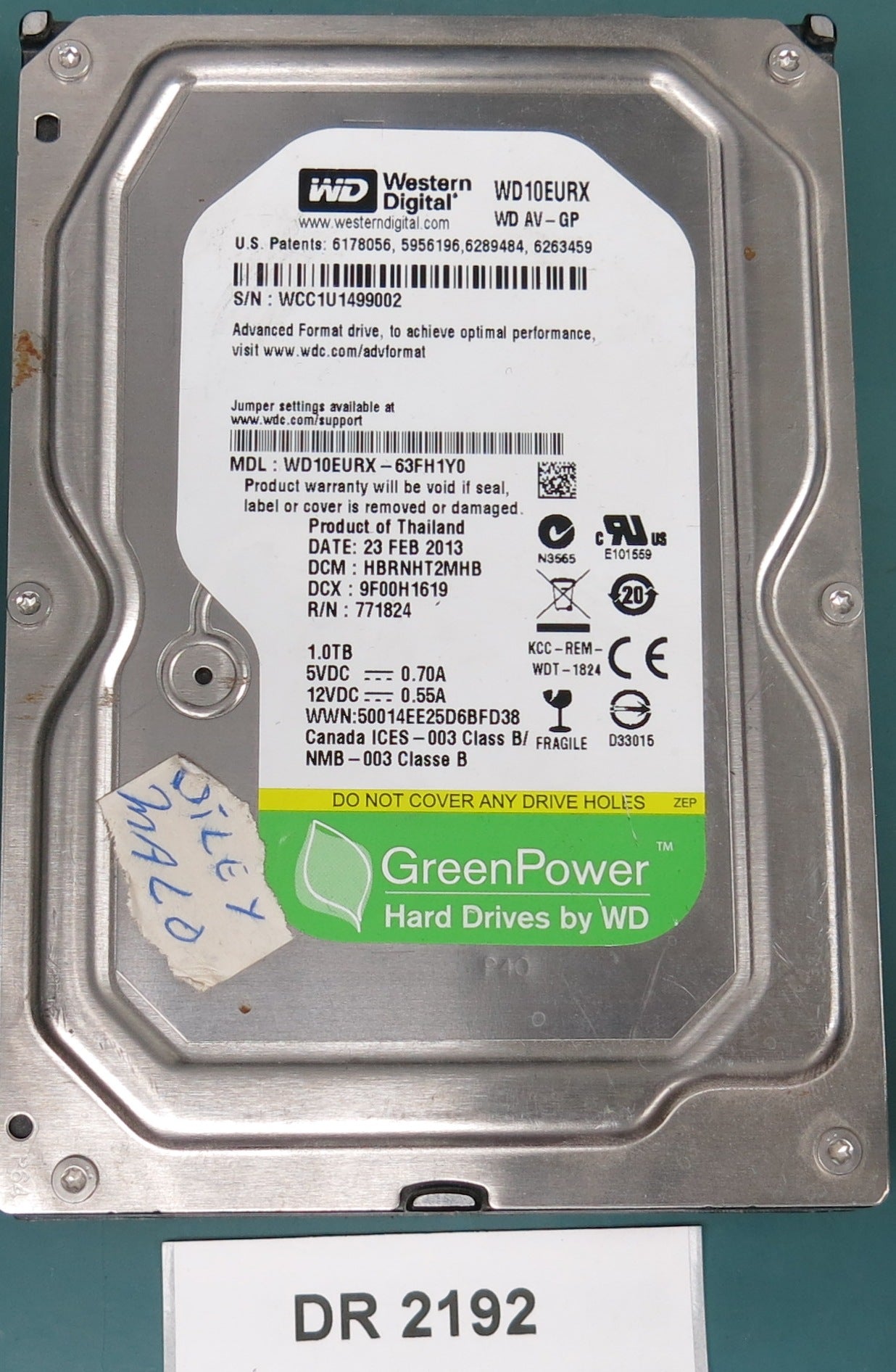 WD10EURX-63FH1Y0  DCM HBRNHT2MHB  Serial Number: WCC1U1499002  1.0TB 3.5  PCB 2060-771824-005 REV A