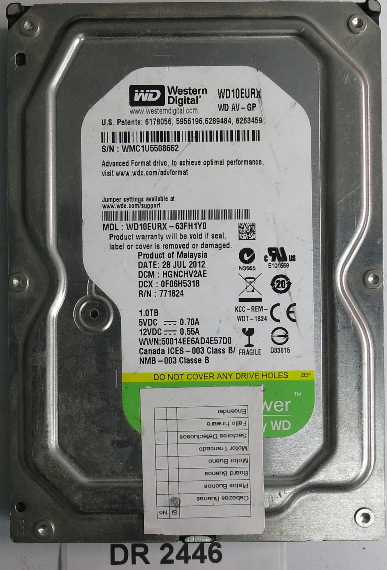 WD10EURX-63FH1Y0, DCM HGNCHV2AE, 1.0TB 3.5, PCB 2060-771824-006 REV P1