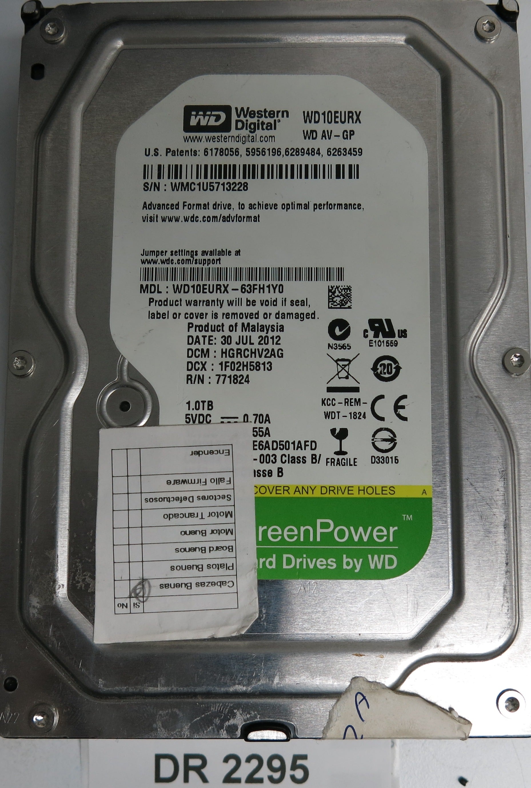 WD10EURX-63FH1Y0, DCM HGRCHV2AG, 1.0TB 3.5, PCB 2060-771824-005 REVP 1