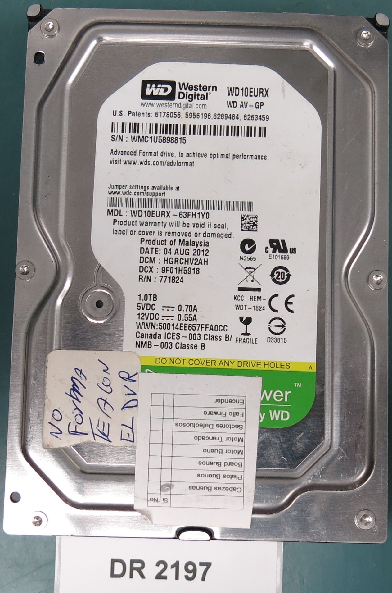 WD10EURX-63FH1Y0, DCM HGRCHV2AH, 1.0TB 3.5, PCB 2060-771824-005 REV A