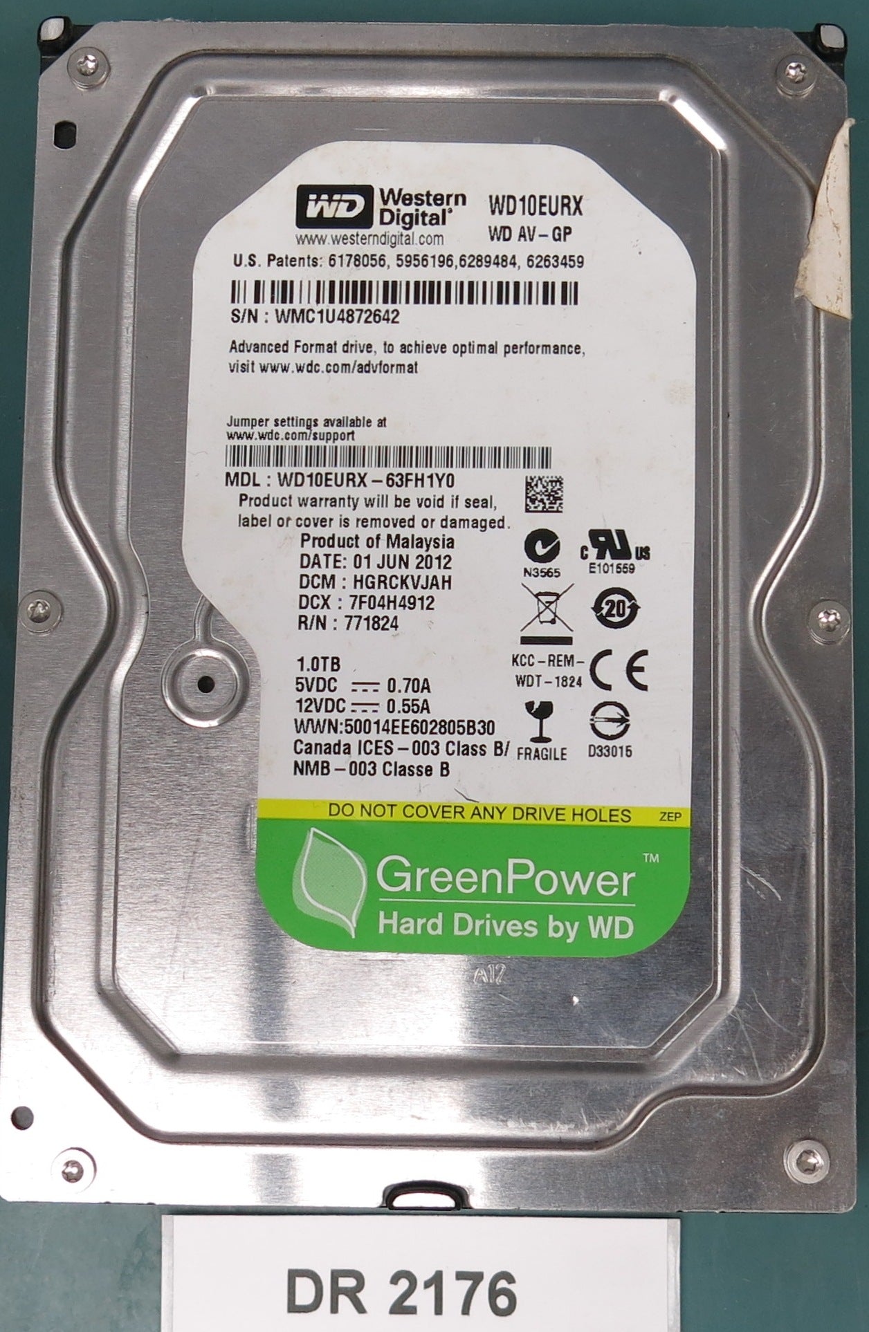 WD10EURX-63FH1Y0, DCM HGRCKVJAH, 1.0TB 3.5, PCB 2060-771824-005 REV P1