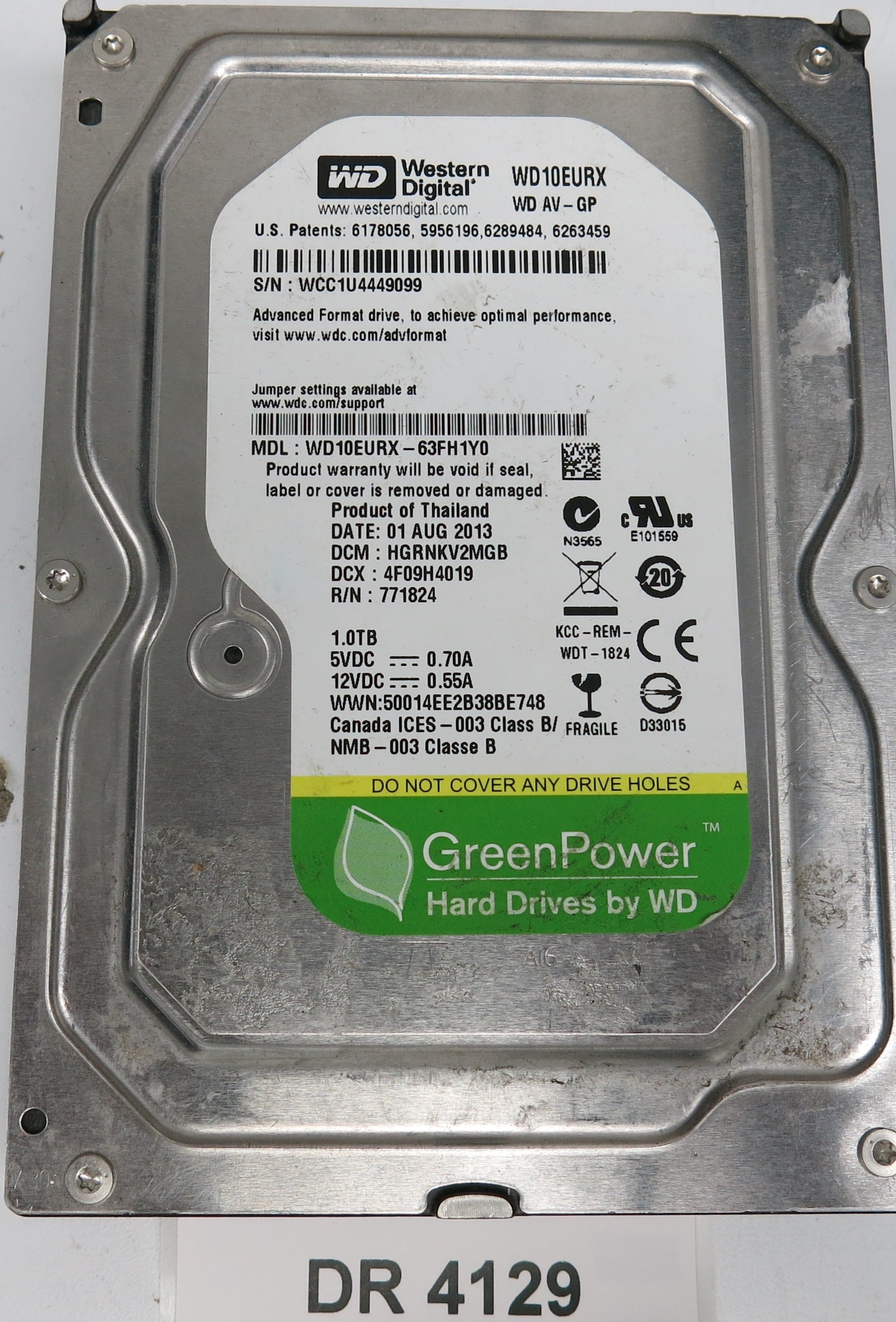 WD10EURX-63FH1Y0,  DCM: HGRNKV2MGB,  Serial: WCC1U4449099,  1.0TB 3.5,  PCB 2060-771824-005 REV A