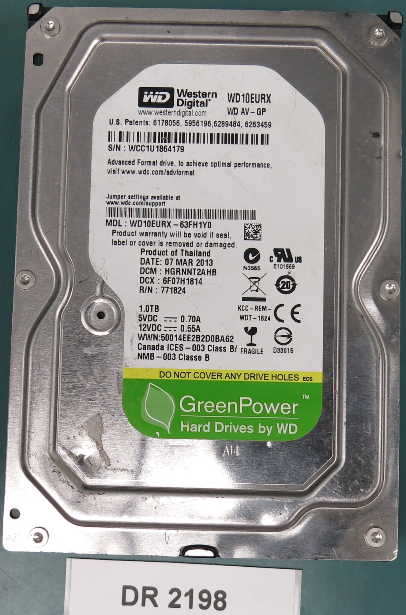 WD10EURX-63FH1Y0, DCM HGRNNT2AHB, 1.0TB 3.5, PCB 2060-771824-005 REV A