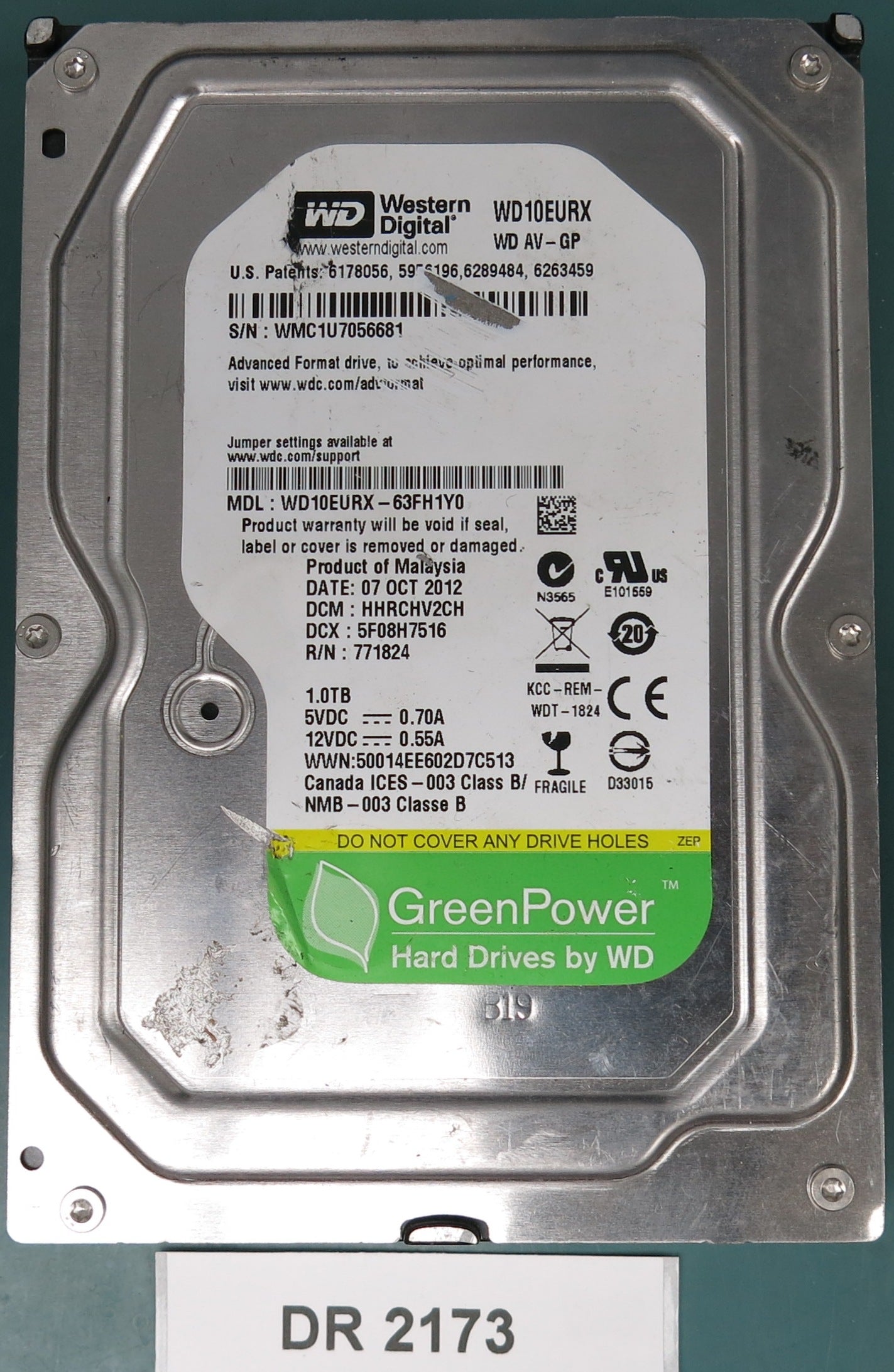 WD10EURX-63FH1Y0, DCM HHRCHV2CH, 1.0TB 3.5, PCB 2060-771824-005 REV A