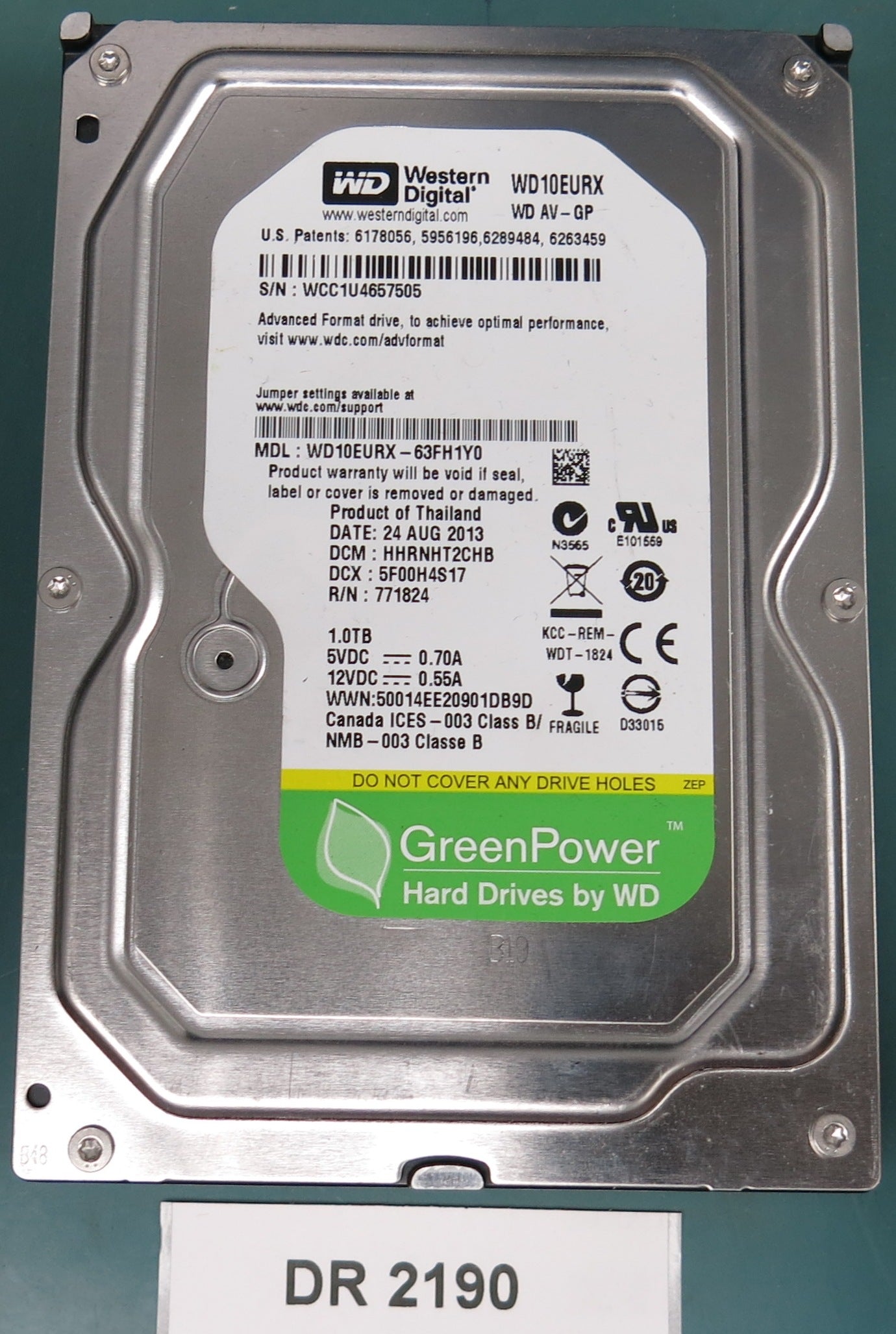 WD10EURX-63FH1Y0, DCM HHRNHT2CHB, 1.0TB 3.5, PCB 2060-771824-005 REV A