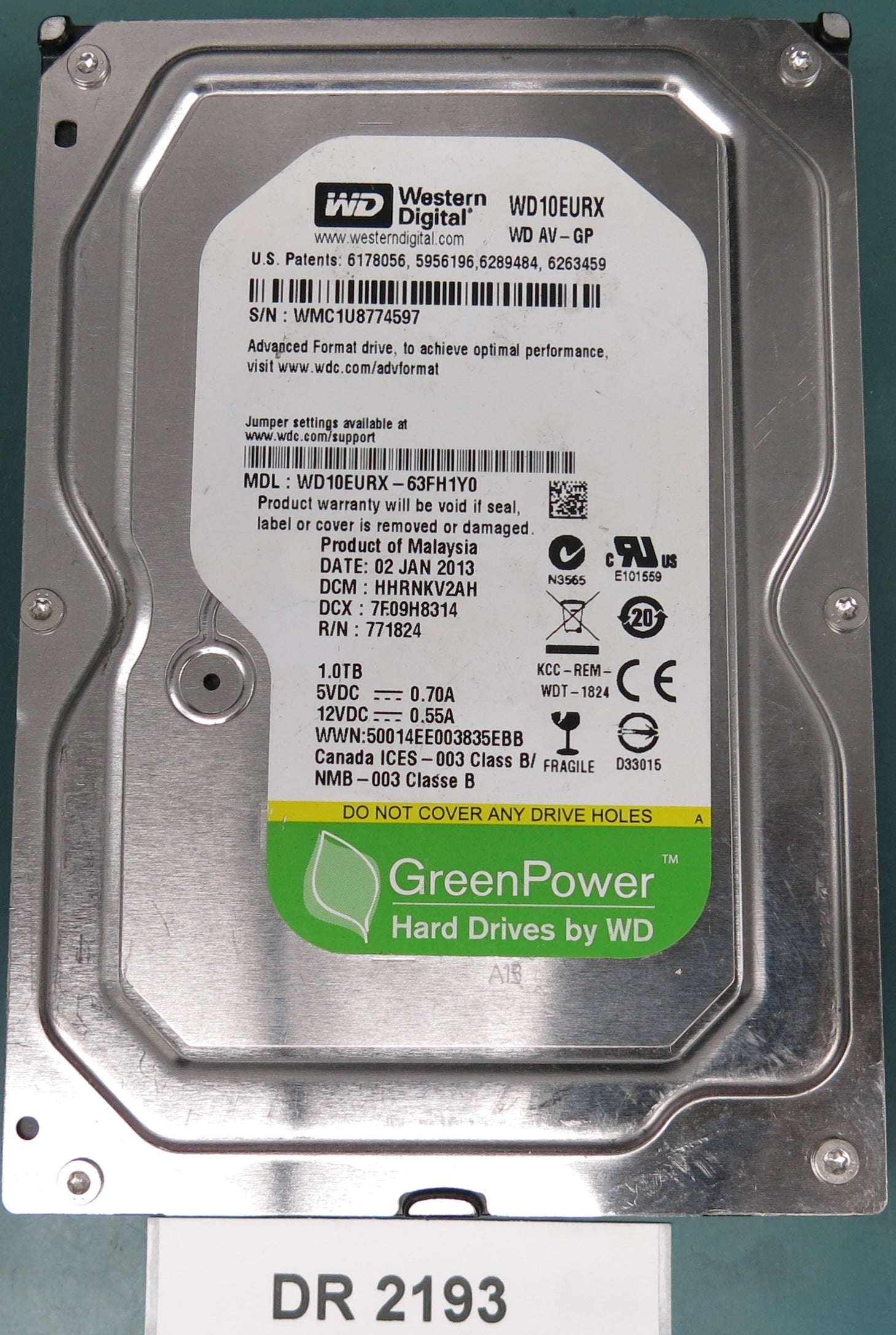 WD10EURX-63FH1Y0, DCM HHRNKV2AH, 1.0TB 3.5, PCB 2060-771824-005 REV A