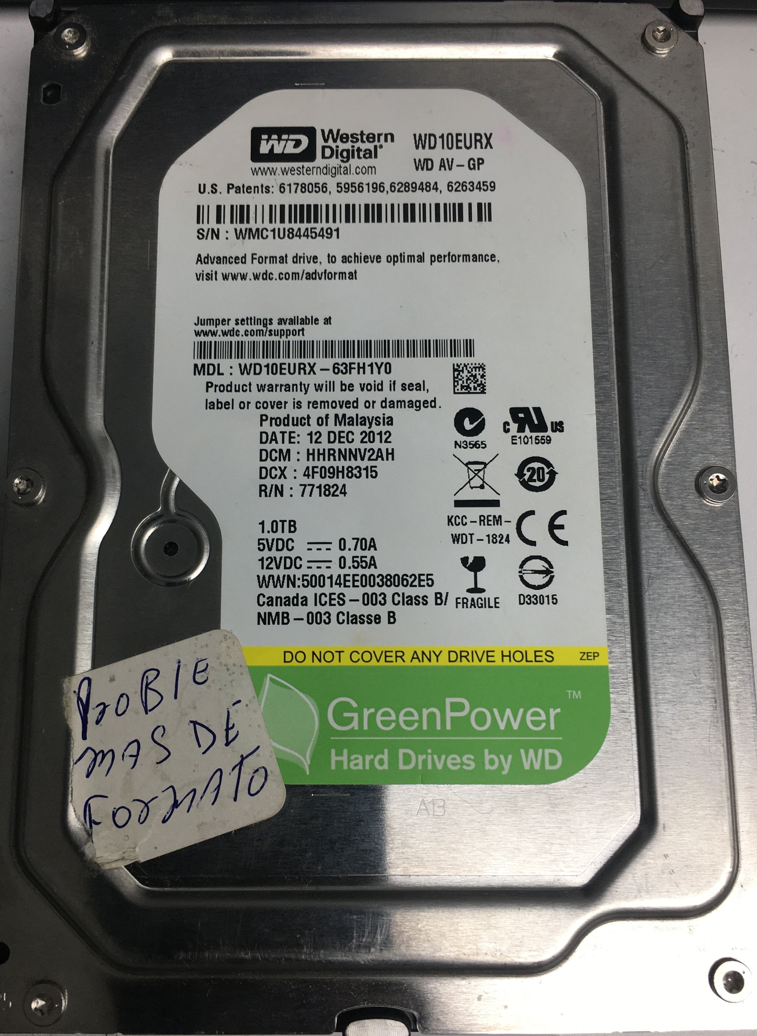 WD10EURX-63FH1Y0, DCM HHRNNV2AH, 1.0TB 3.5, PCB 2060-771824-005 REV A