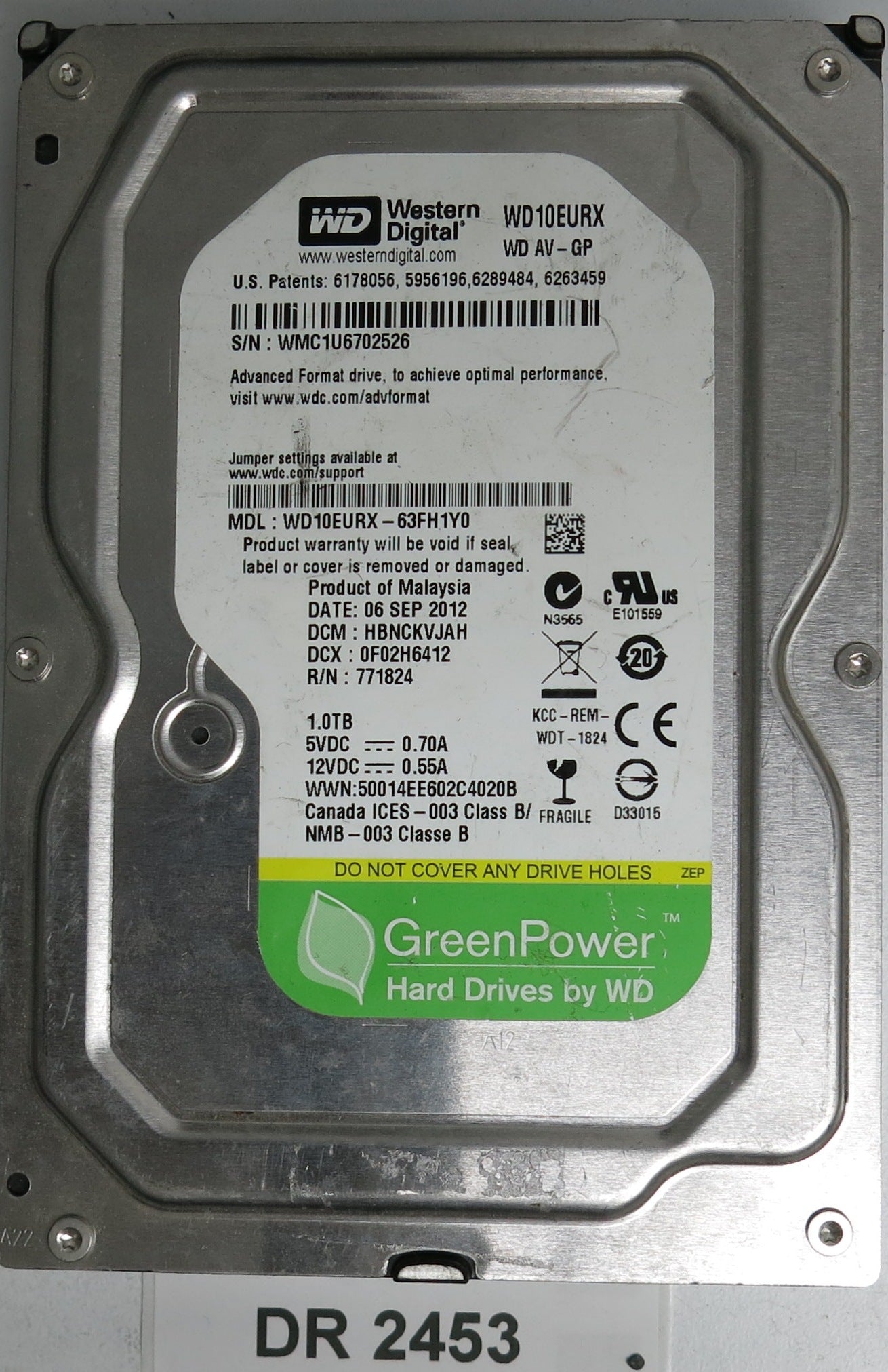 WD10EURX-63FH1Y0, DCMHBNCKVJAH, 1.0TB 3.5, PCB 2060-771824-005 REV A