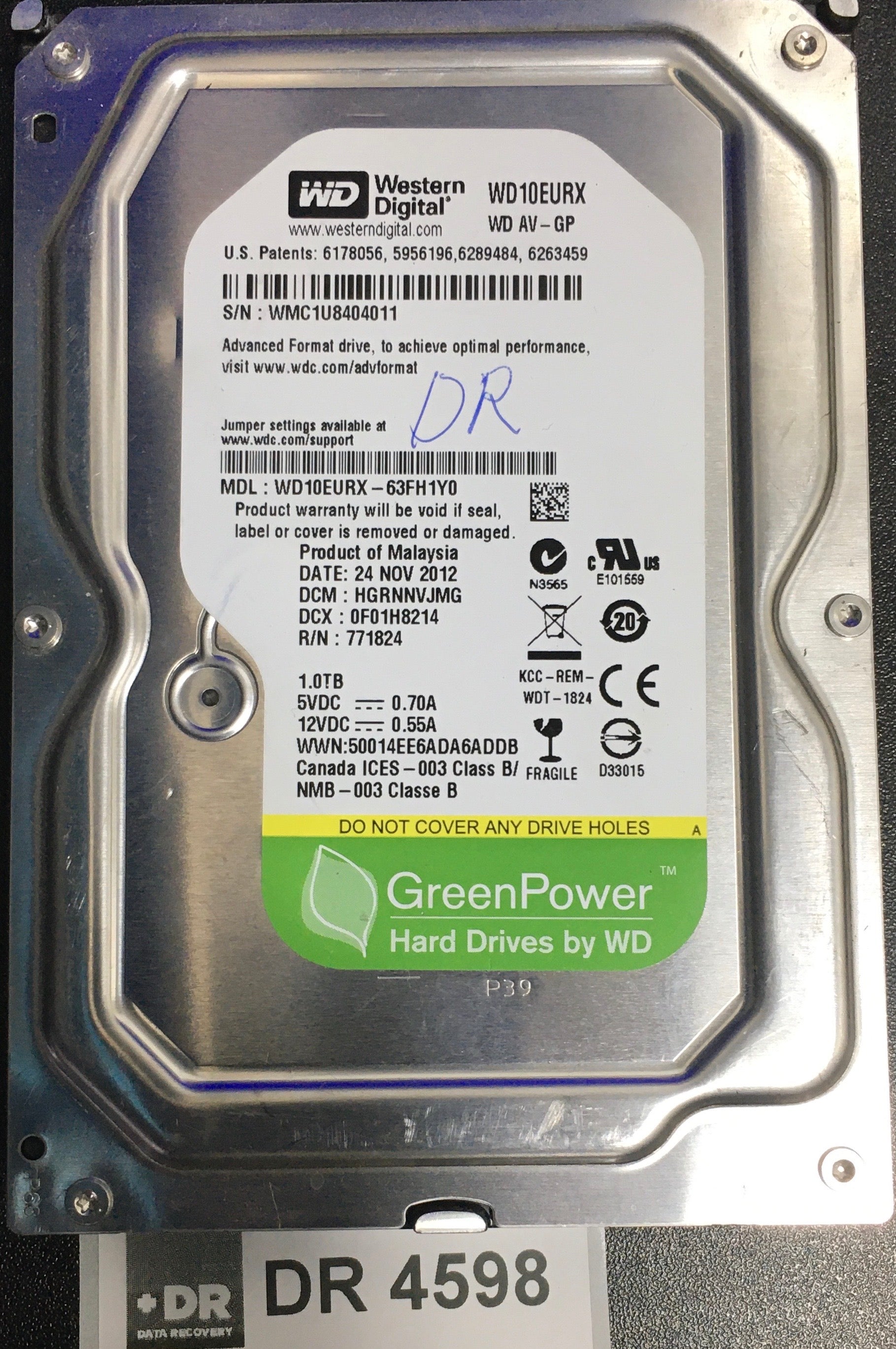 WD10EURX-63FH1Y0,  Serial: WMC1U8404011,  1000GB 3.5  PCB:2060-771824-005- REV A