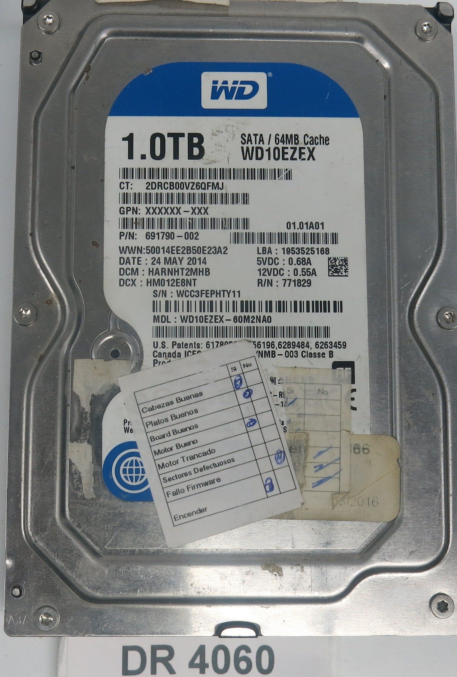 WD10EZEX-60M2NA0, DCM: HARNHT2MHB, Serial Number: WCC3FEPHTY11, 1TB 3.5