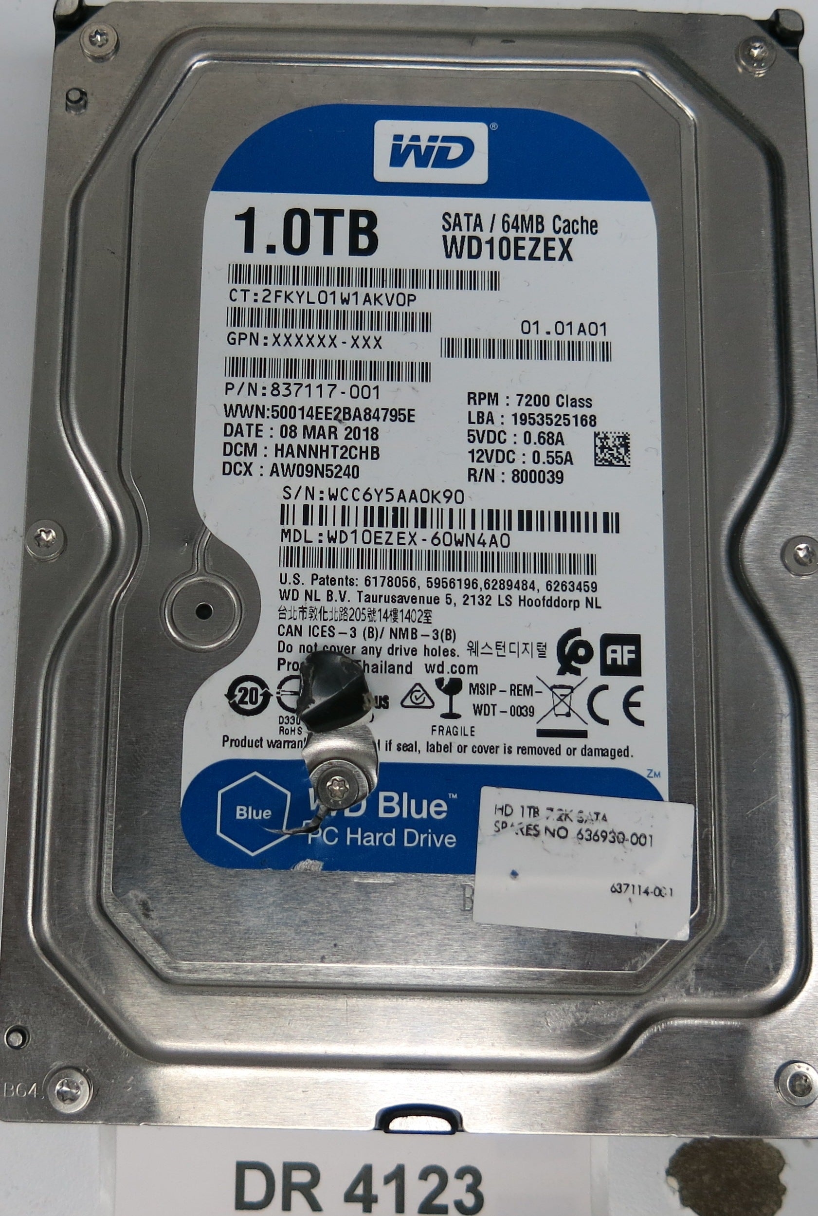 WD10EZEX-60WN4A0,  DCM: HANNHT2CHB,  Serial: WCC6Y5AA0K90,  1.0TBGB 3.5,  PCB 2060-800039-001 REV P1