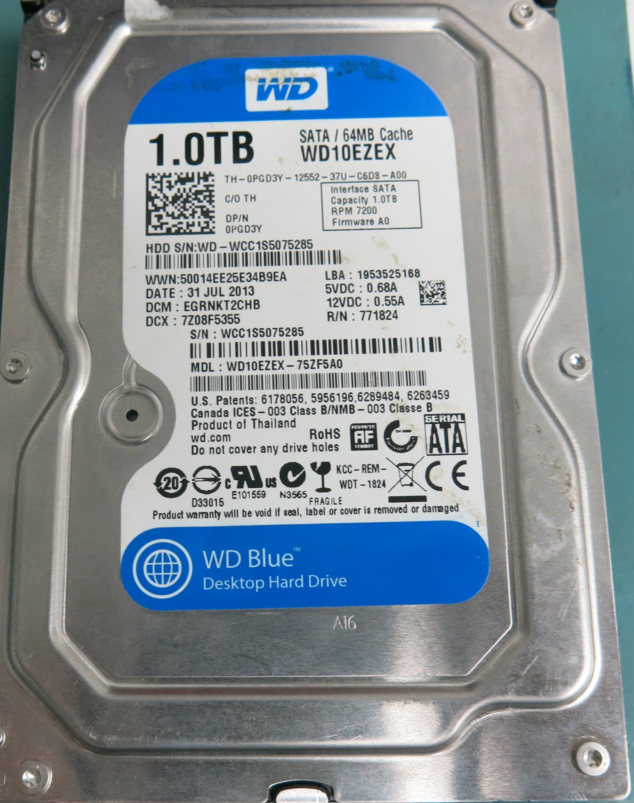 WD10EZEX-75ZF5A0, DCM EGRNKT2CHB, 1.0TB 3.5, PCB 2060-771824-006 REV A