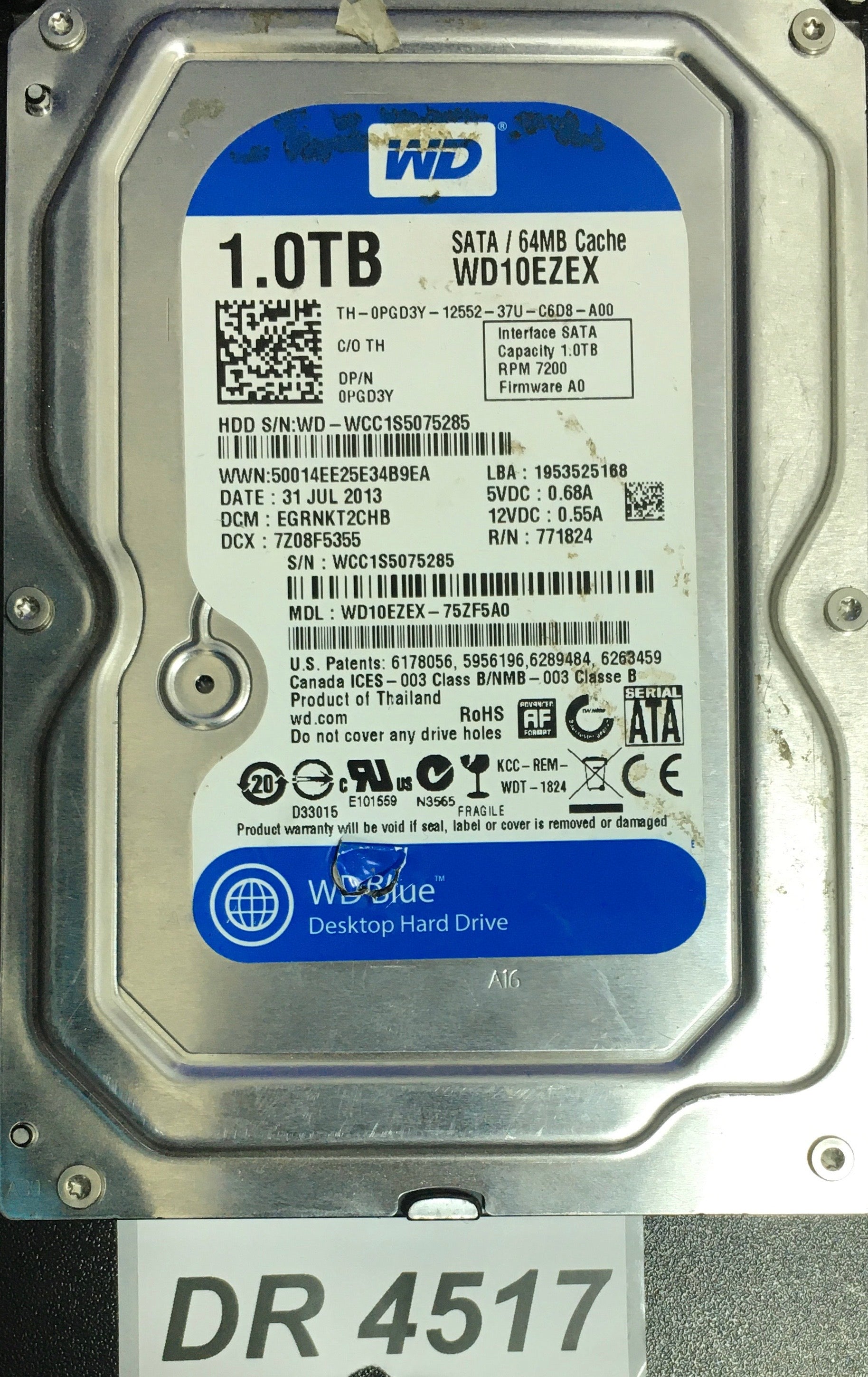 WD10EZEX-75ZF5A0 Serial:WCC1S5075285  1000GB 3.5  PCB: 2060-771824-006 REV A