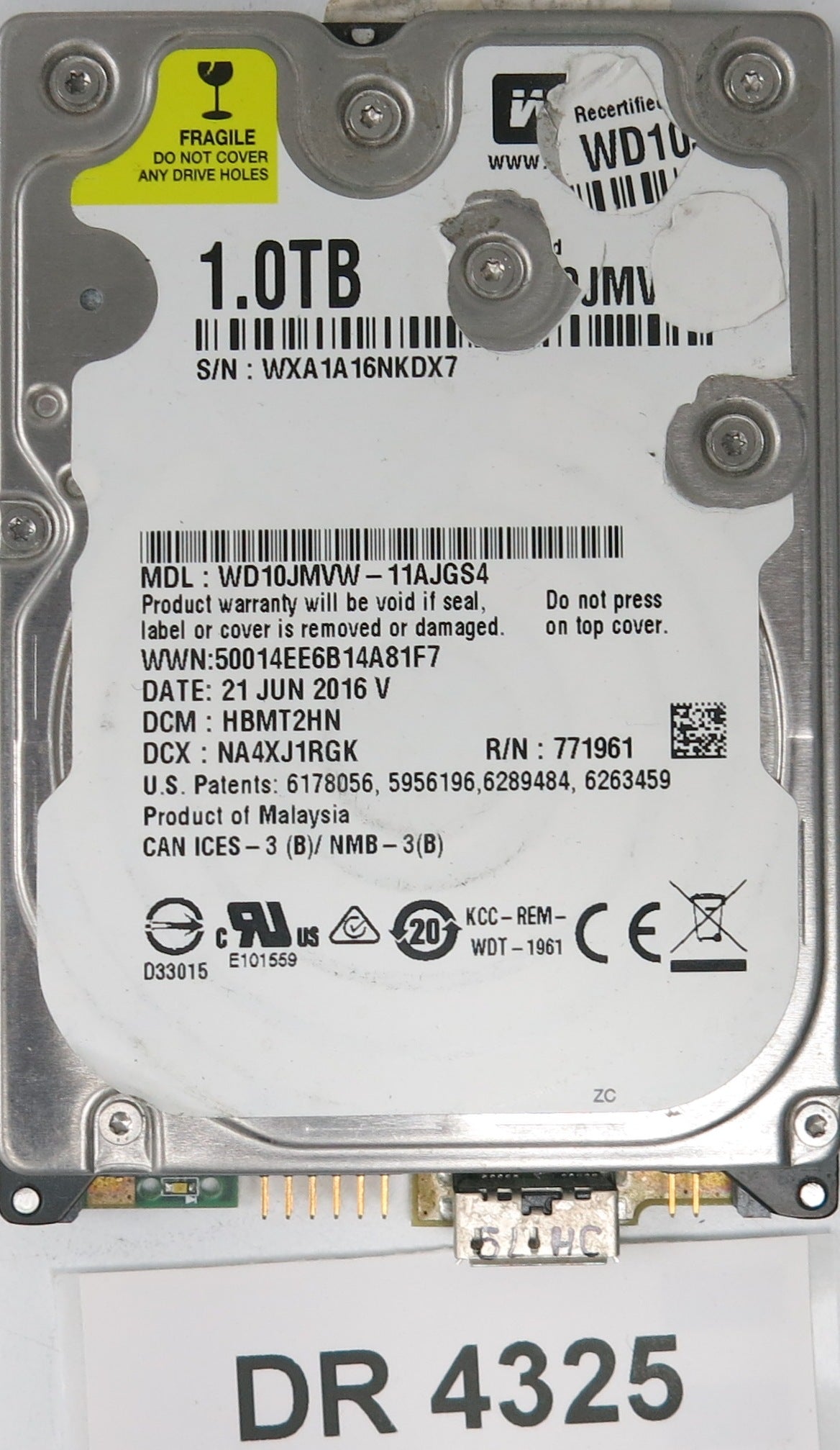WD10JMVW-11AJGS4,  DCM: HBMT2HN,  Serial: WXA1A16NKDX7,  1.0TB 3.5,  PCB 2060-771961-001 REV B