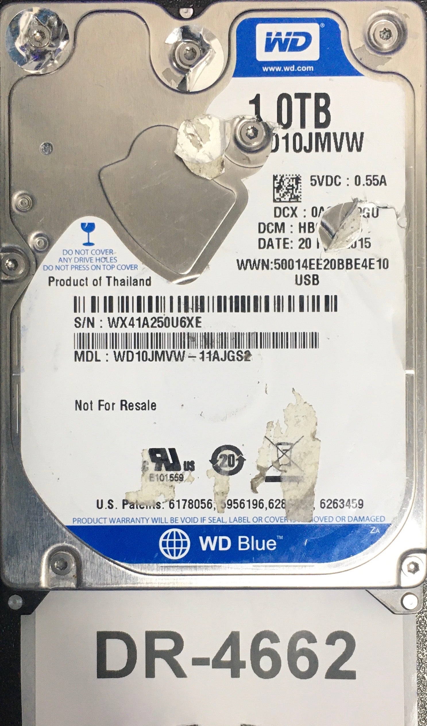 WD10JMVW,  Serial: WX41A250U6XE,  1TB 2.5,