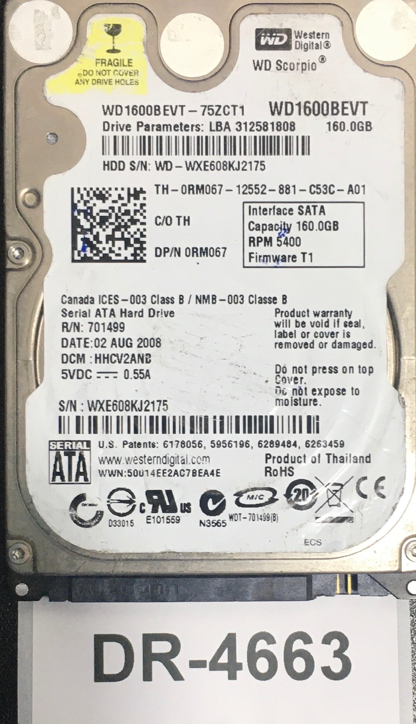 WD10JMVW,  Serial: WX41A250U6XE,  1TB 2.5,