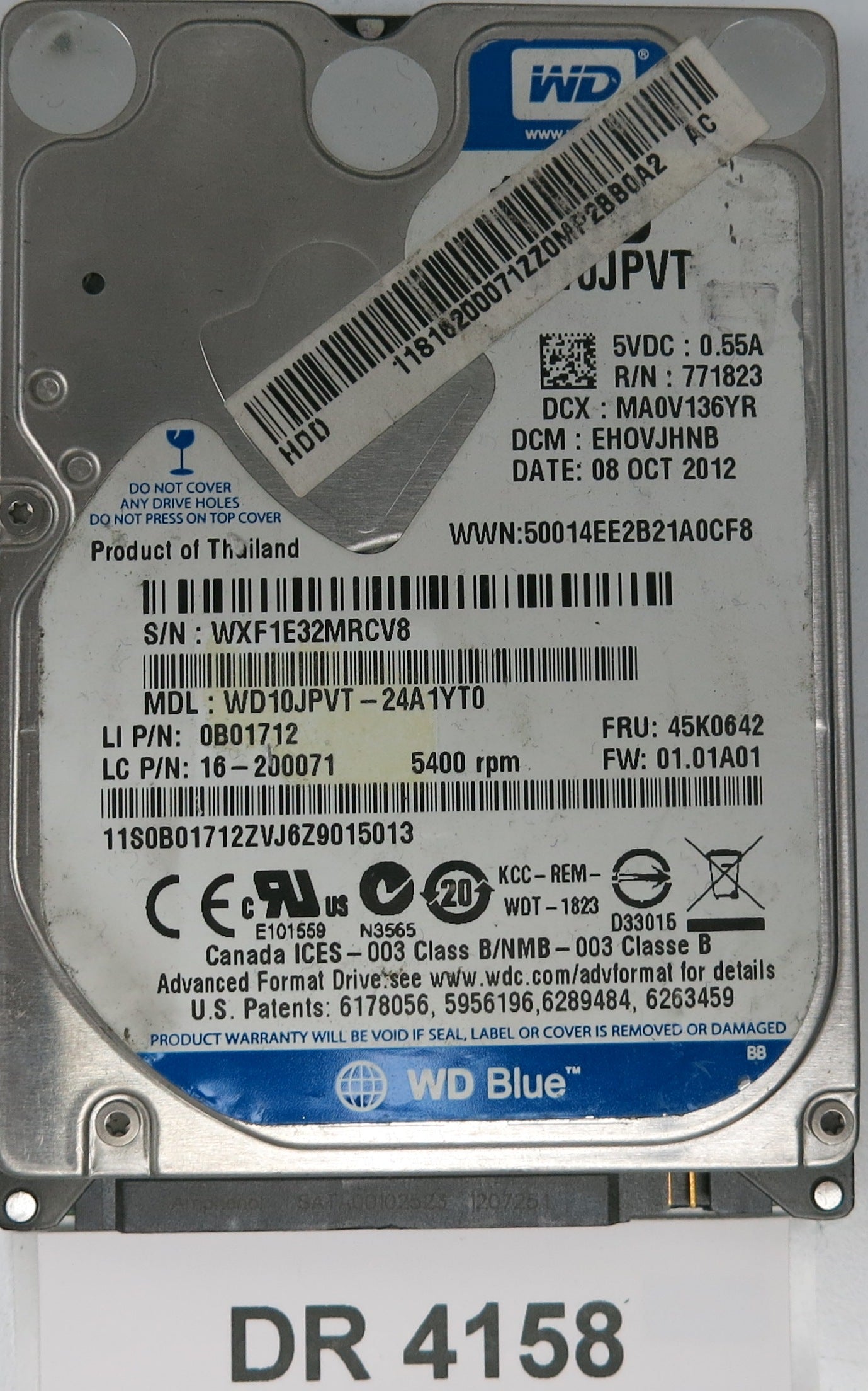 WD10JPVT-24A1YT0,  DCM: EH0VJ136YR,  Serial: WXF1E32MRCV8,  1TB 3.5,  PCB 2060-771823-000 REV A