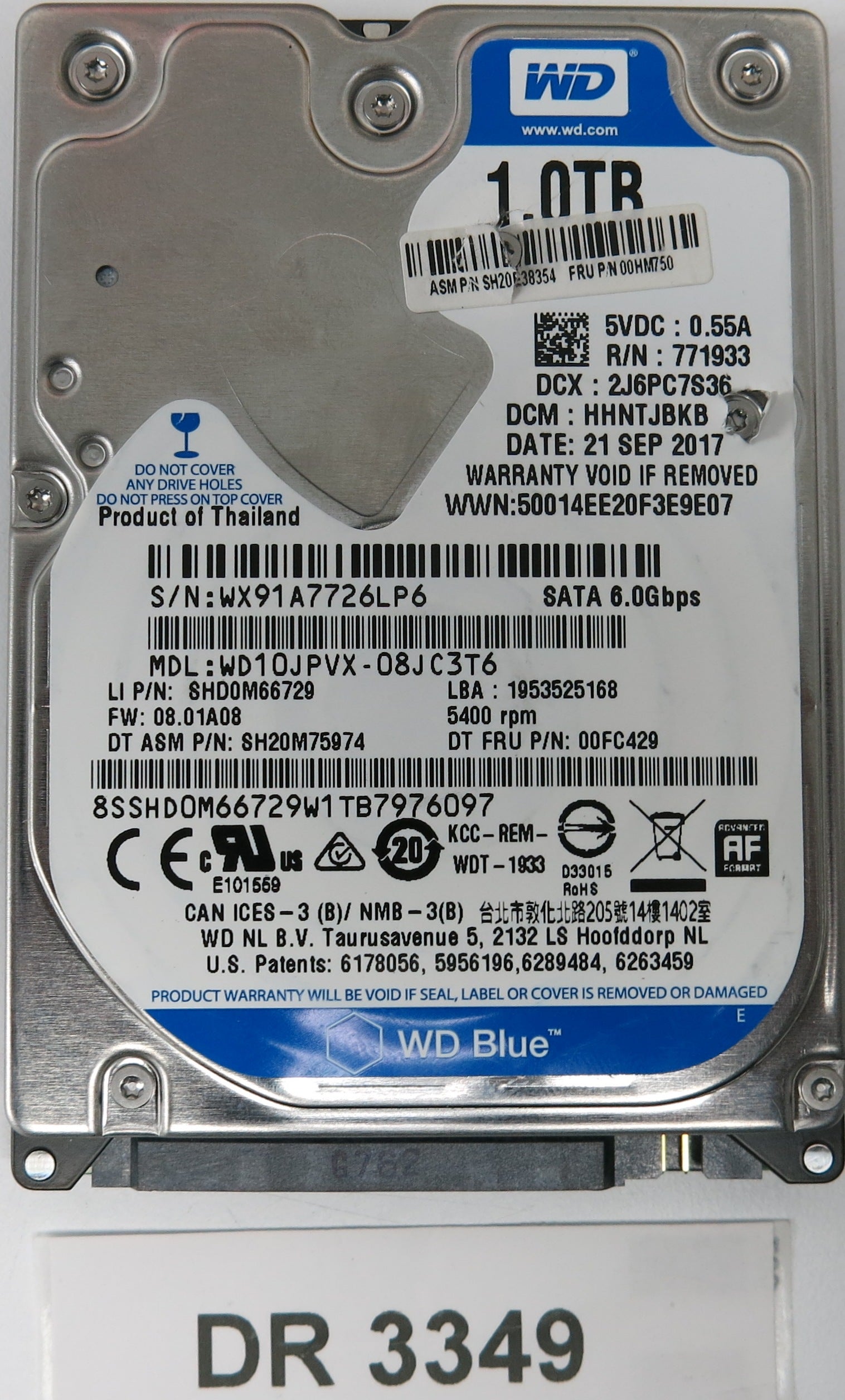 WD10JPVX-08JC3T6, DCM: HHNTJBKB, 1.0TB 3.5, PCB 2060-771960-000 REV A