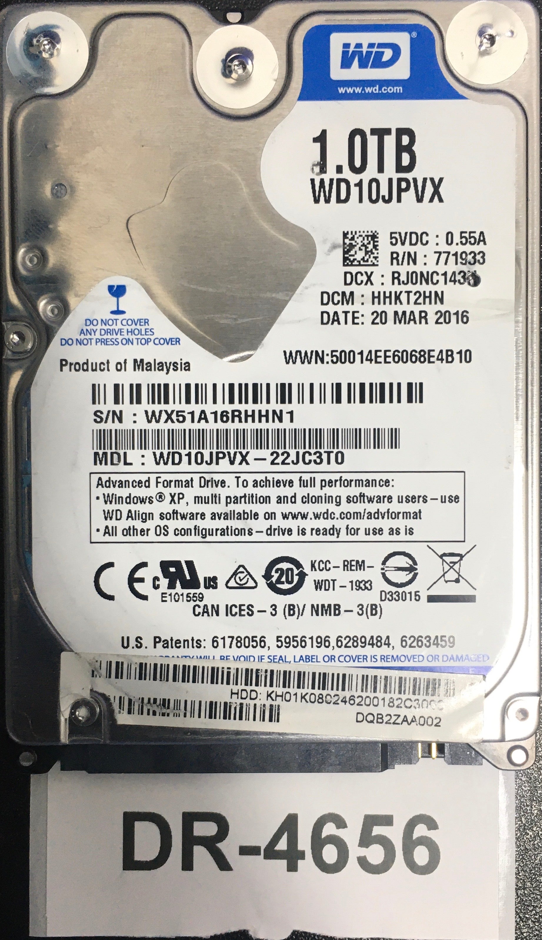 WD10JPVX,  Serial: WX51A16RHHN1,  1TB 2.5,  PCB: 2060-771960-000- REV A,