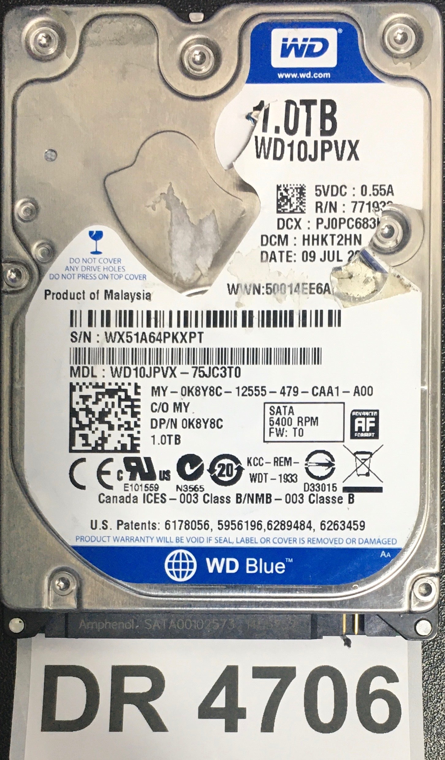 WD10JPVX,  Serial: WX51A64PKXPT,  1TB 2.5,  PCB: 2060-771960-000- REV A