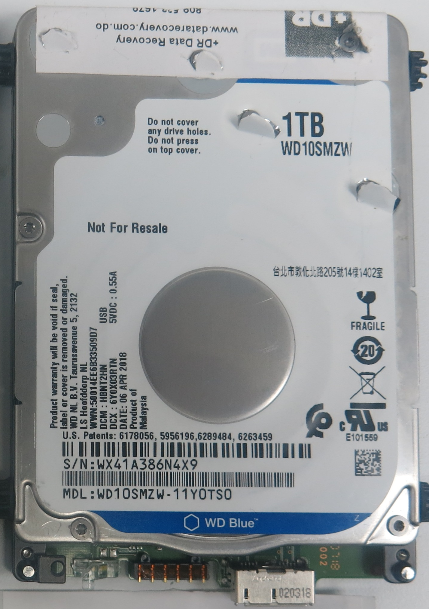 WD10SMZW-11Y0TS0, DCM: HBNT2HN, Serial Number: WX41A386N4X9, 1TB 2.5, PCB 2060-800069-001 REV P1