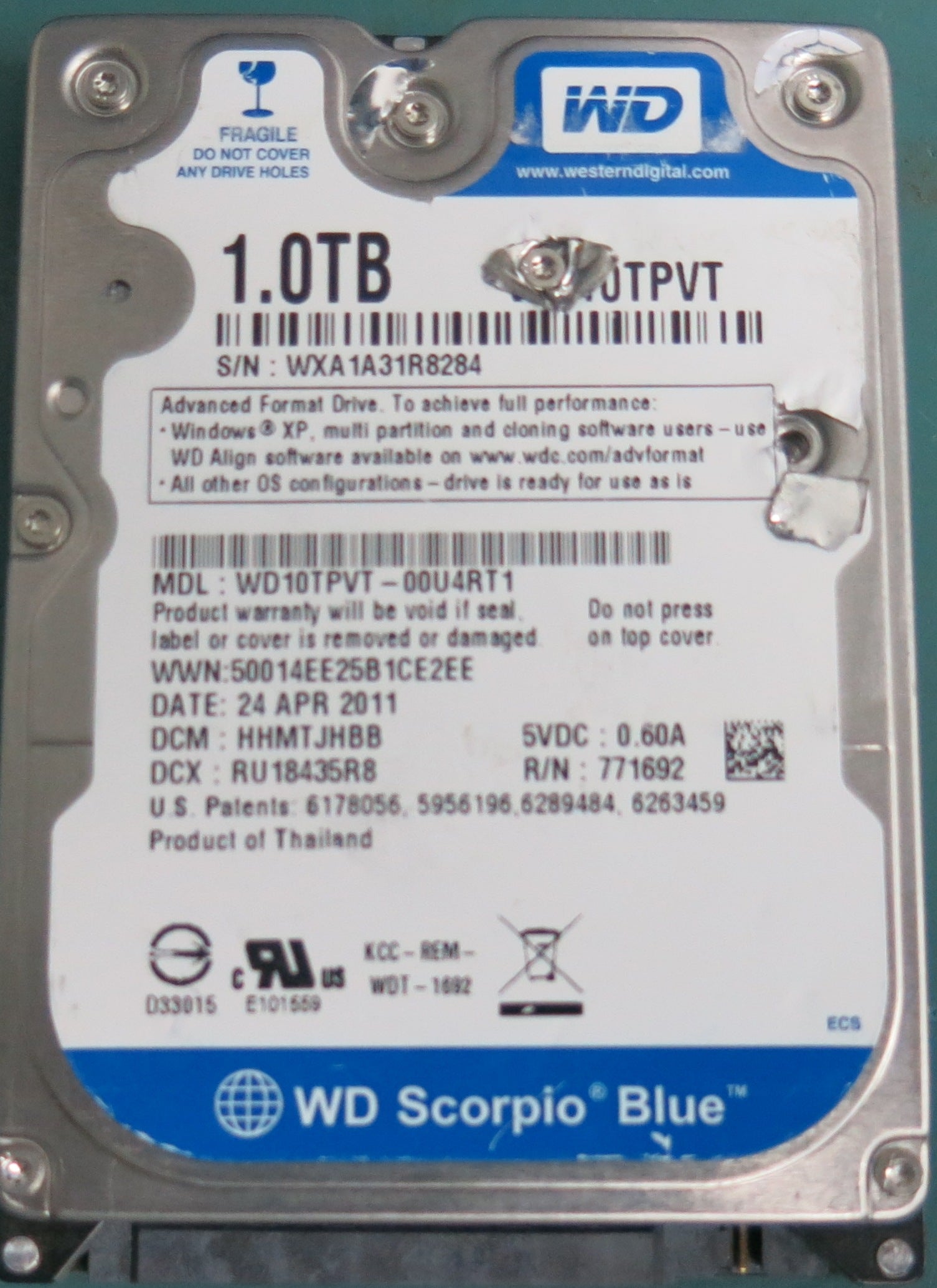 WD10TPVT-00U4RT1, DCM HHMTJHBB, 1.0TB 3.5