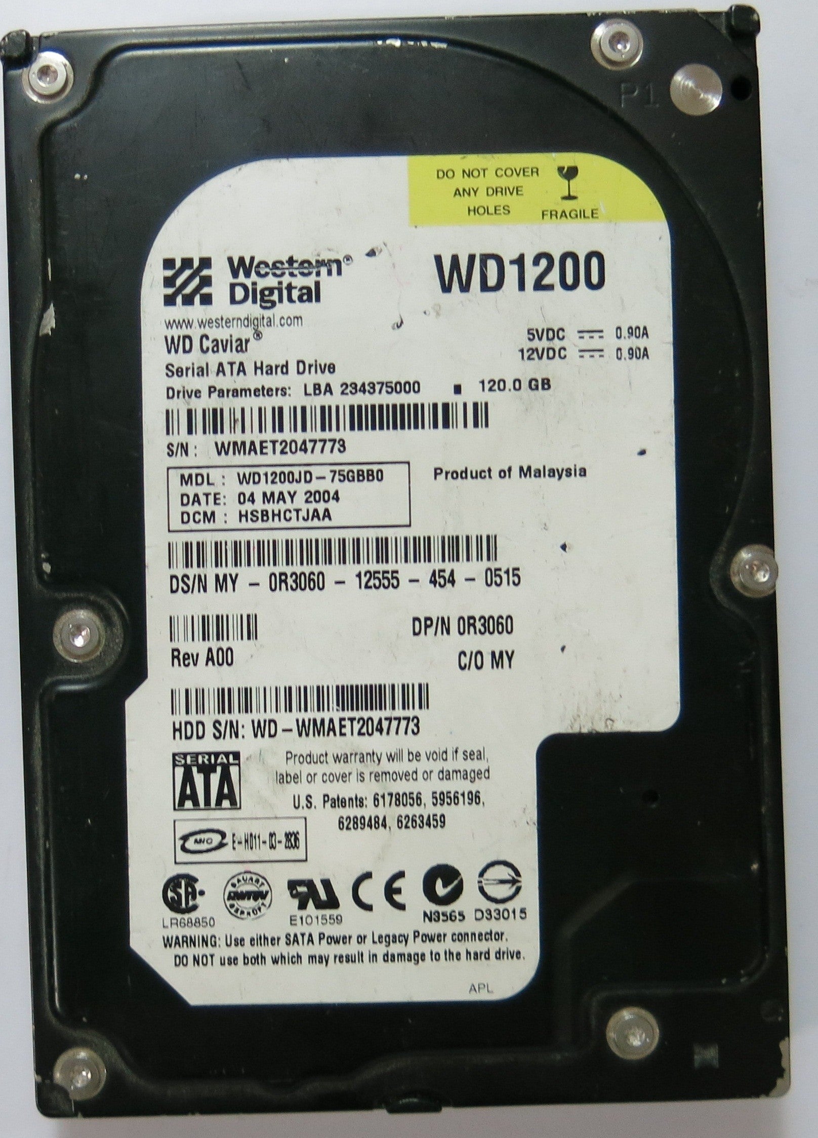 WD1200JD-75GBB0,  Serial:WMAET204773,  120GB 3.5,  PCB:2060-001215-003- REV A
