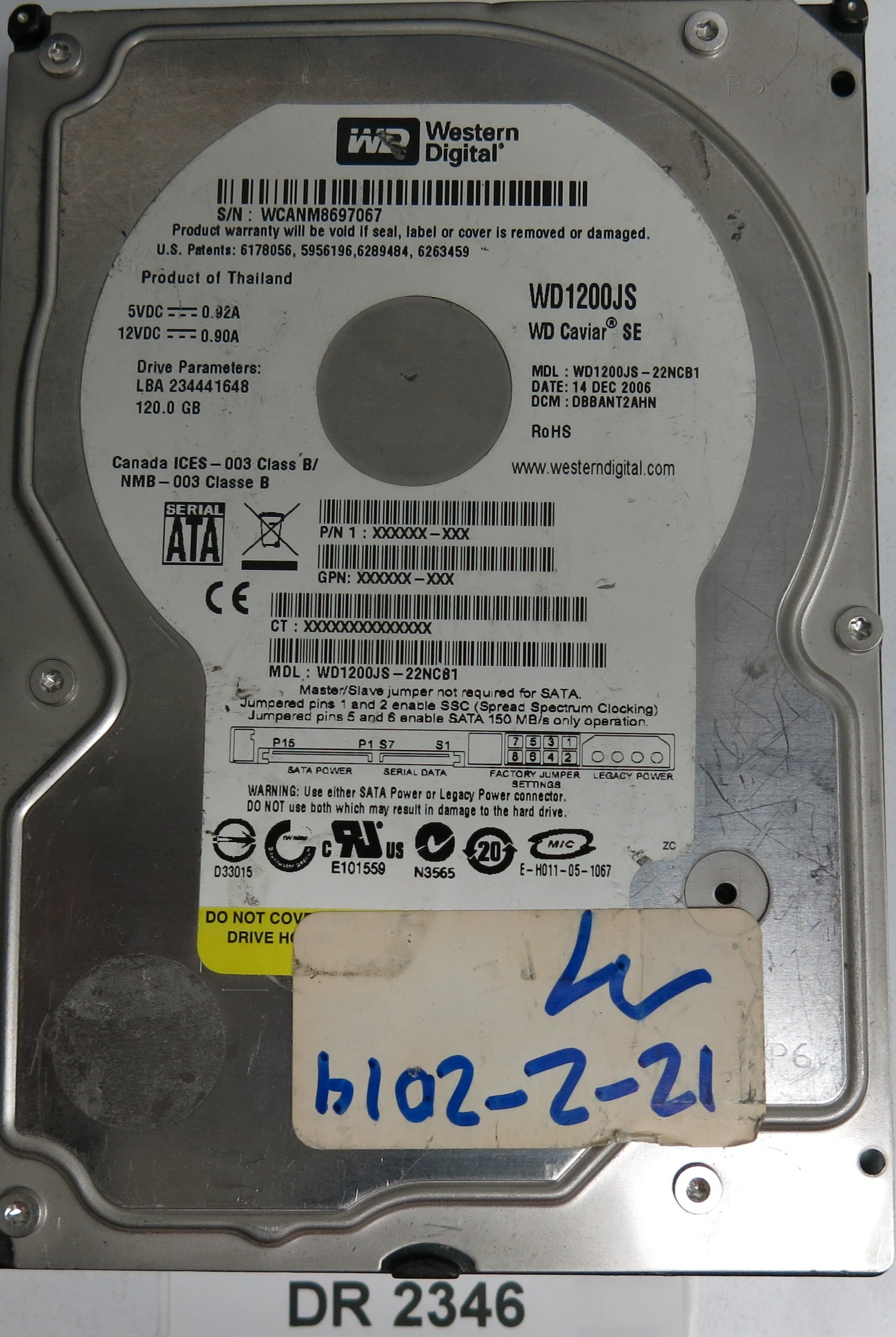 WD1200JS-22NCB1,  DCM DBBANT2AHN,  Serial Number: WCANM8697067,  120GB 3.5