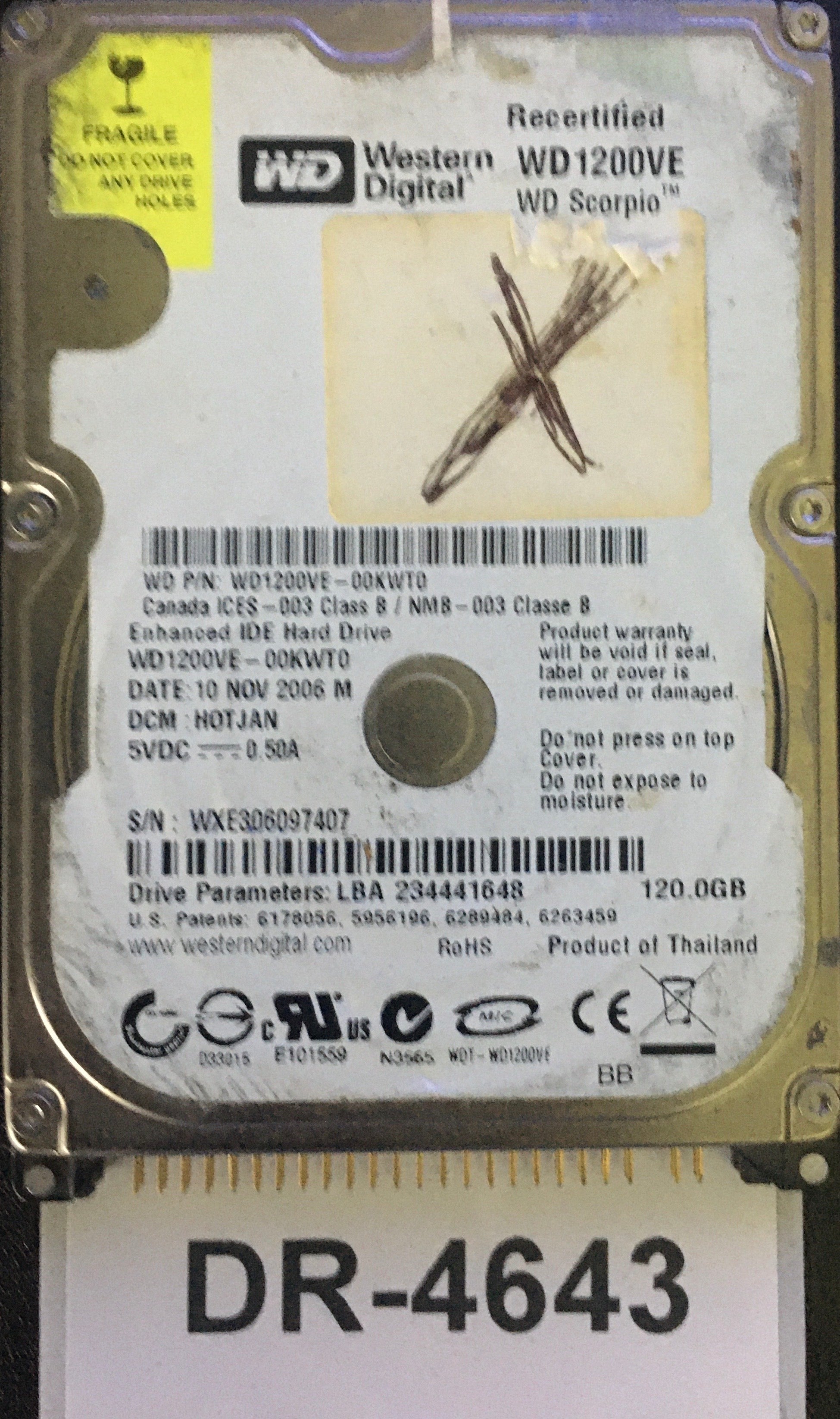 WD1200VE,  Serial: WXE306097407,  120GB 2.5,  PCB:2060-701402-001- REV A