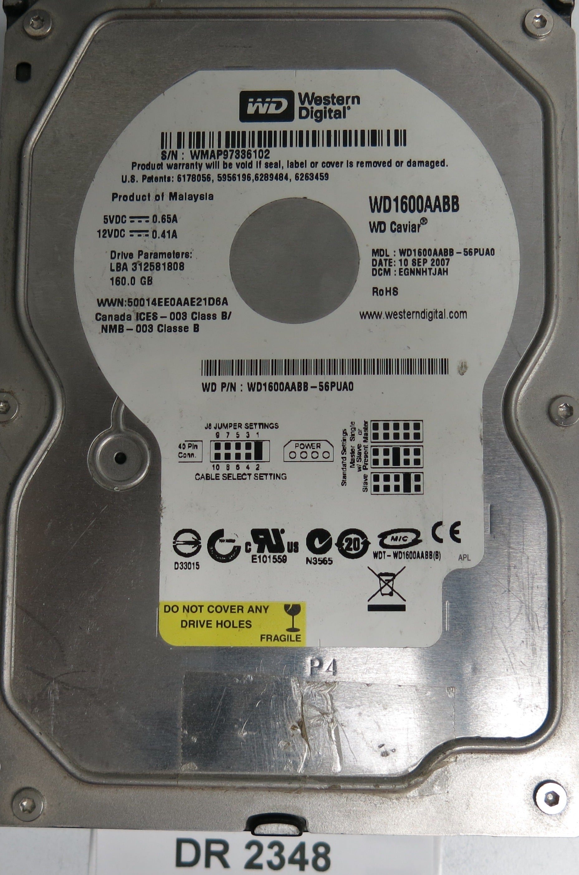 WD1600AABB-56OUA0,  DCM: EGNNHTJAH,  Serial Number: WMAP97336102,  1600GB 3.5,