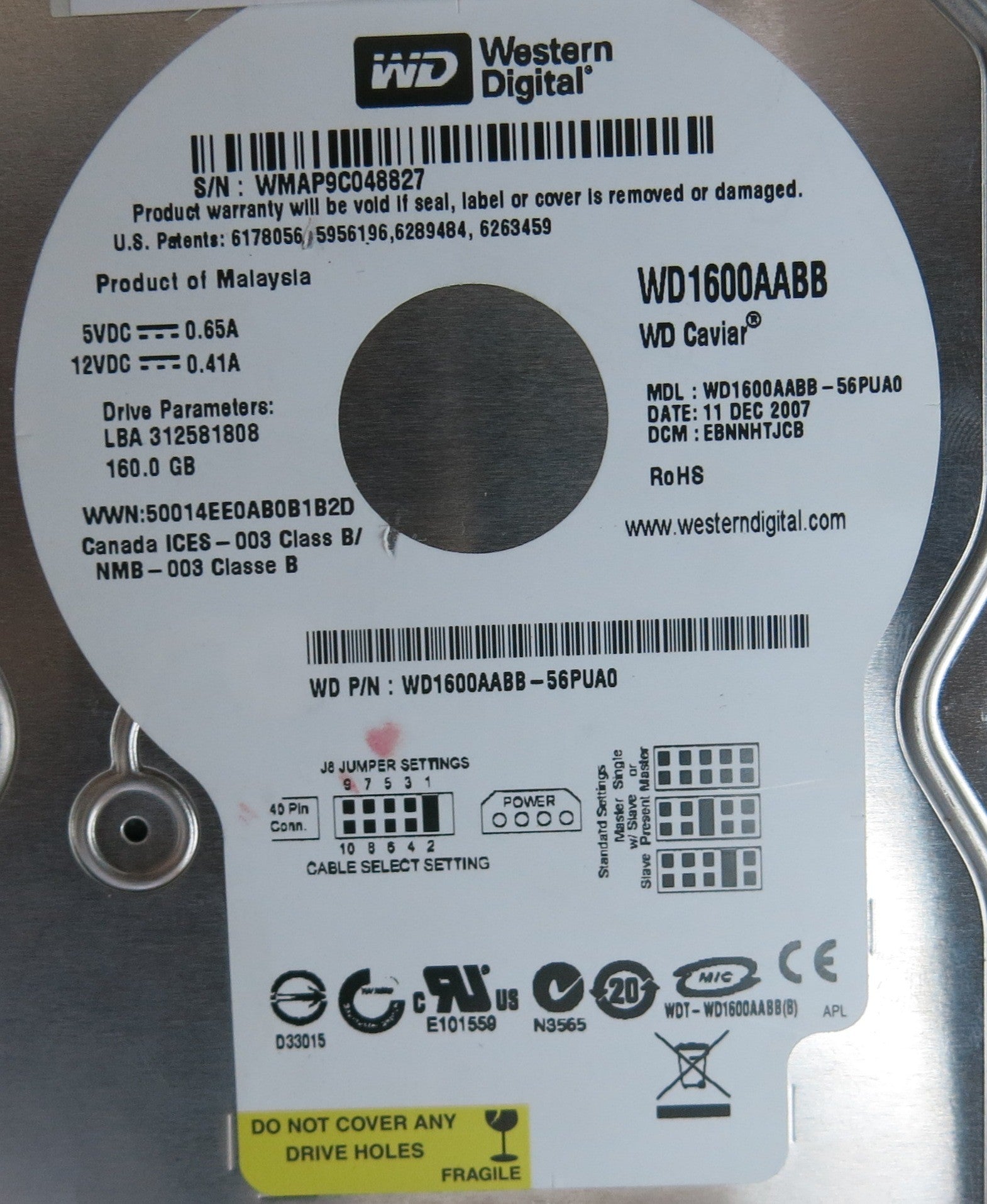 WD1600AABB-56PUA0, DCM EBNNTJCB, 2060-701494-002 REV B PCB