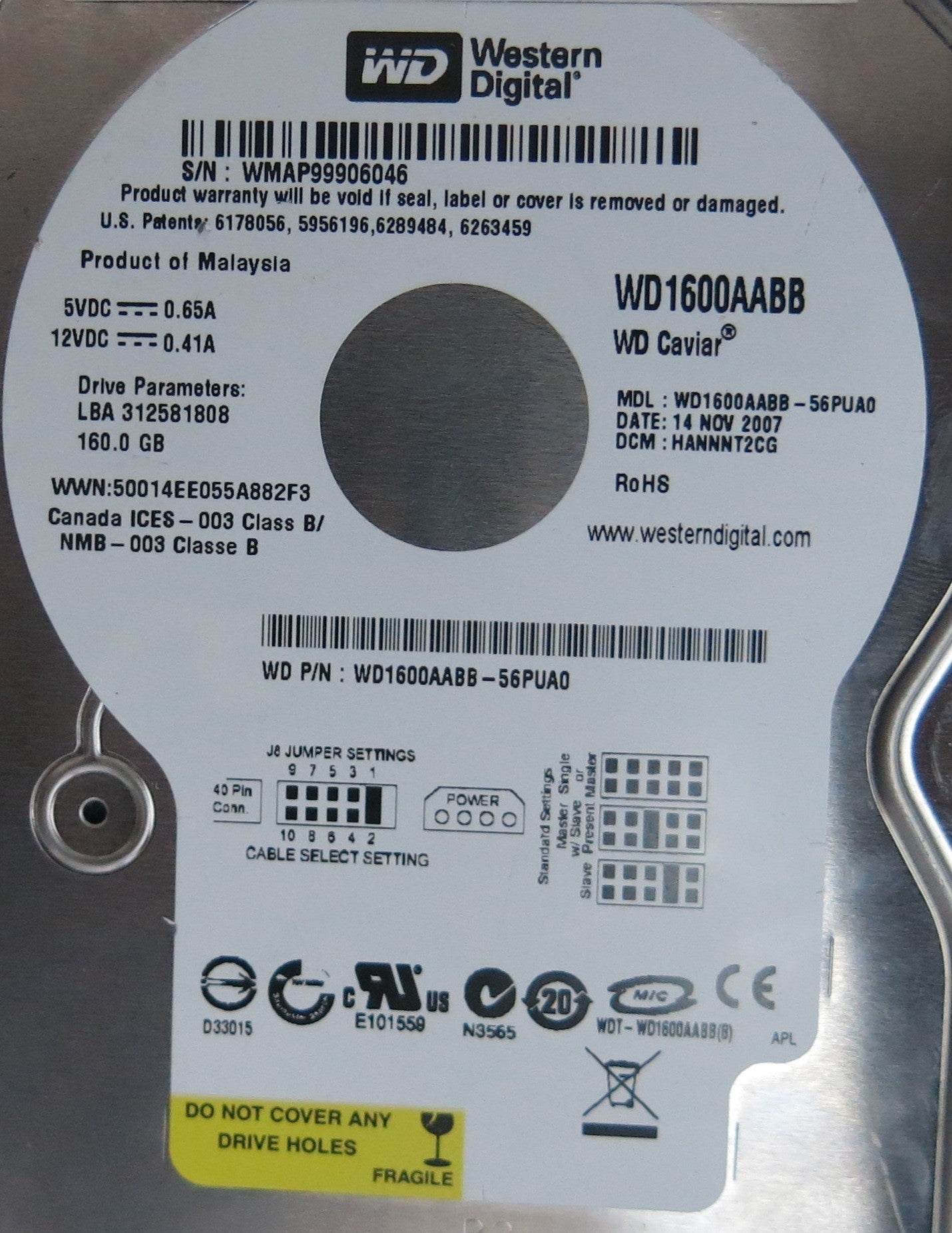 WD1600AABB-56PUA0, DCM  HANNNT2CG, 2060-701494-001 REV A PCB