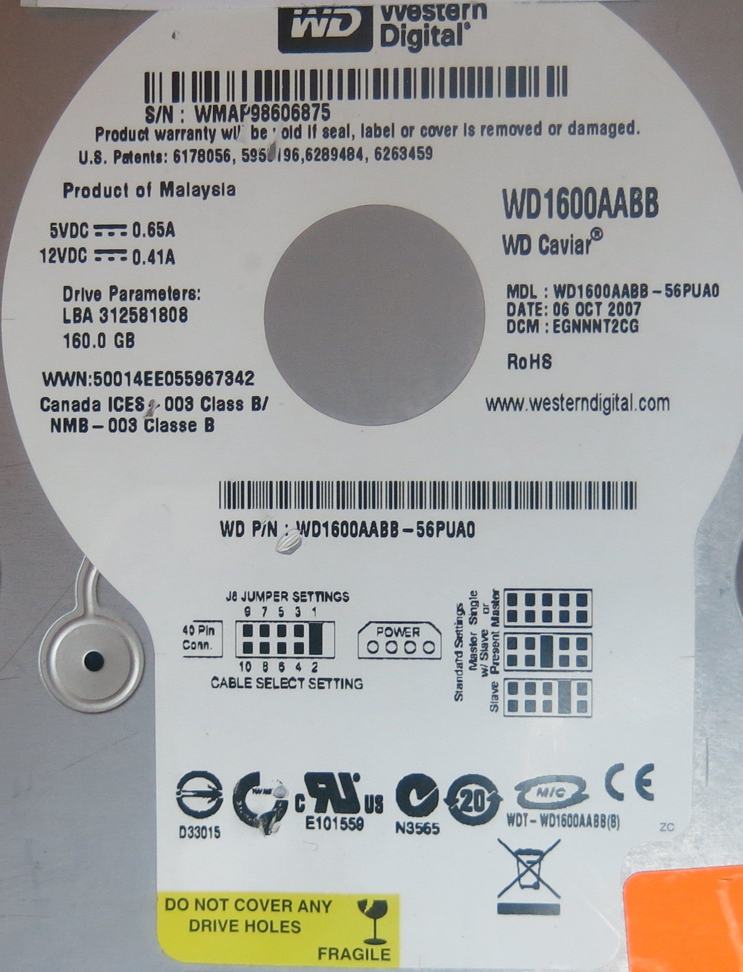 WD1600AABB-56PUA0, PN , DCM  EGNNNT2CG, 2060-701494-002 PCB