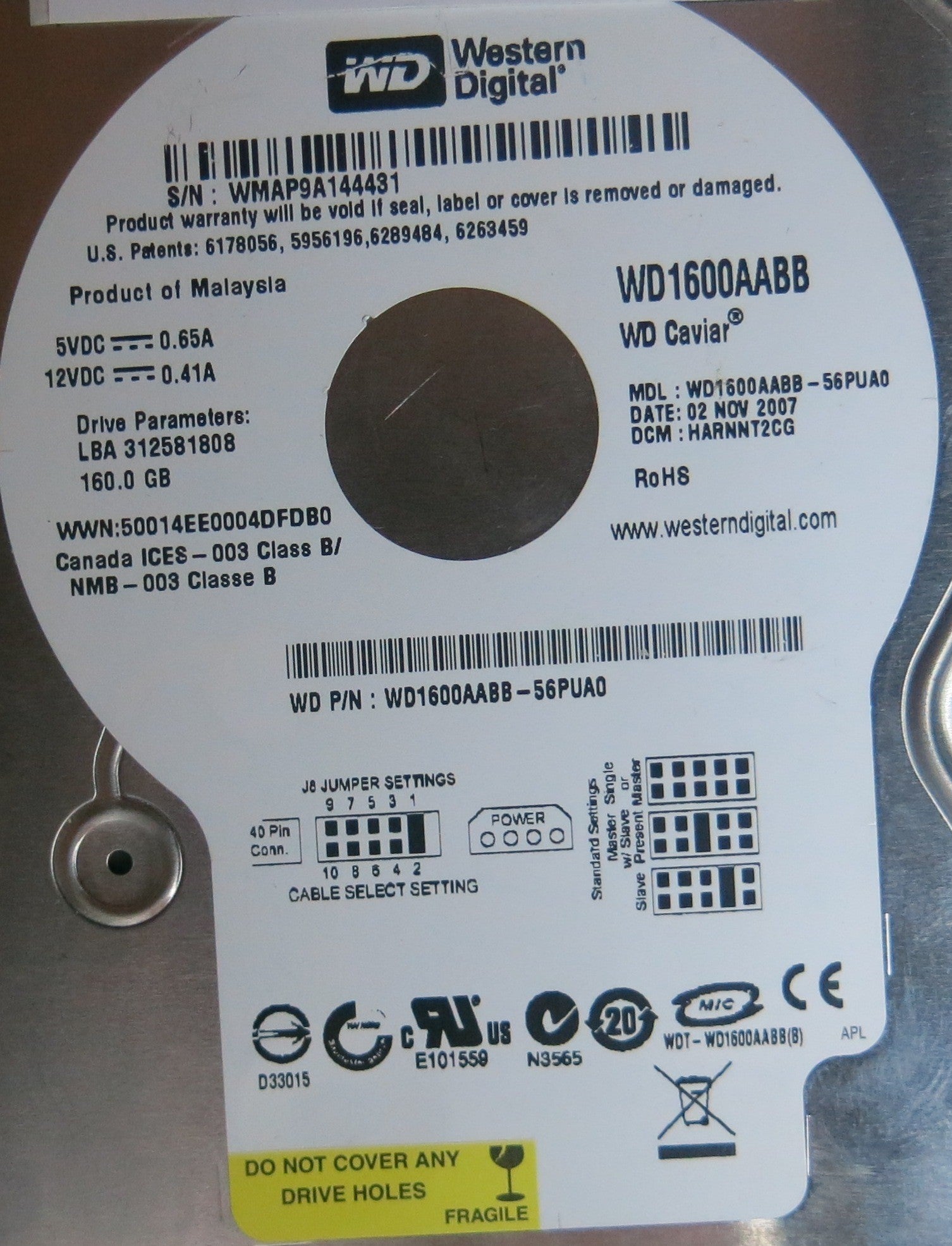 WD1600AABB-56PUA0, PN , DCM  HARNNT2CG, 2060-701494-002 REV B PCB