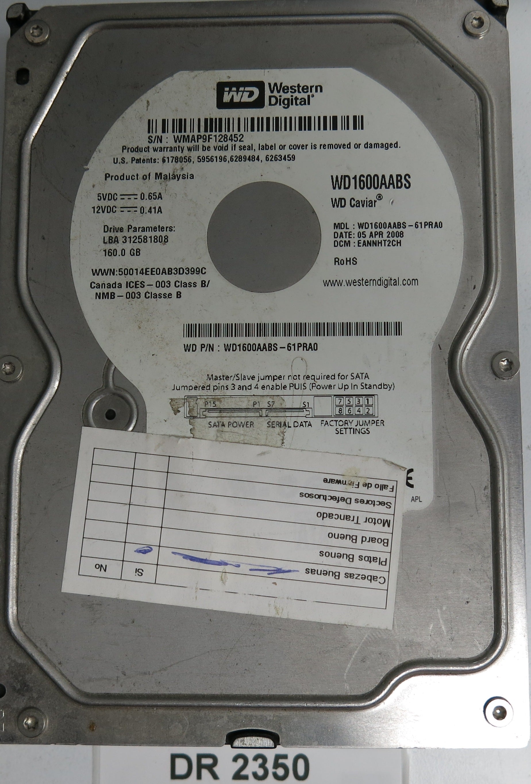 WD1600AABS-61PRA0,  DCM EANNHT2CH,  Serial Number: WMAP9F128452,  1600GB 3.5