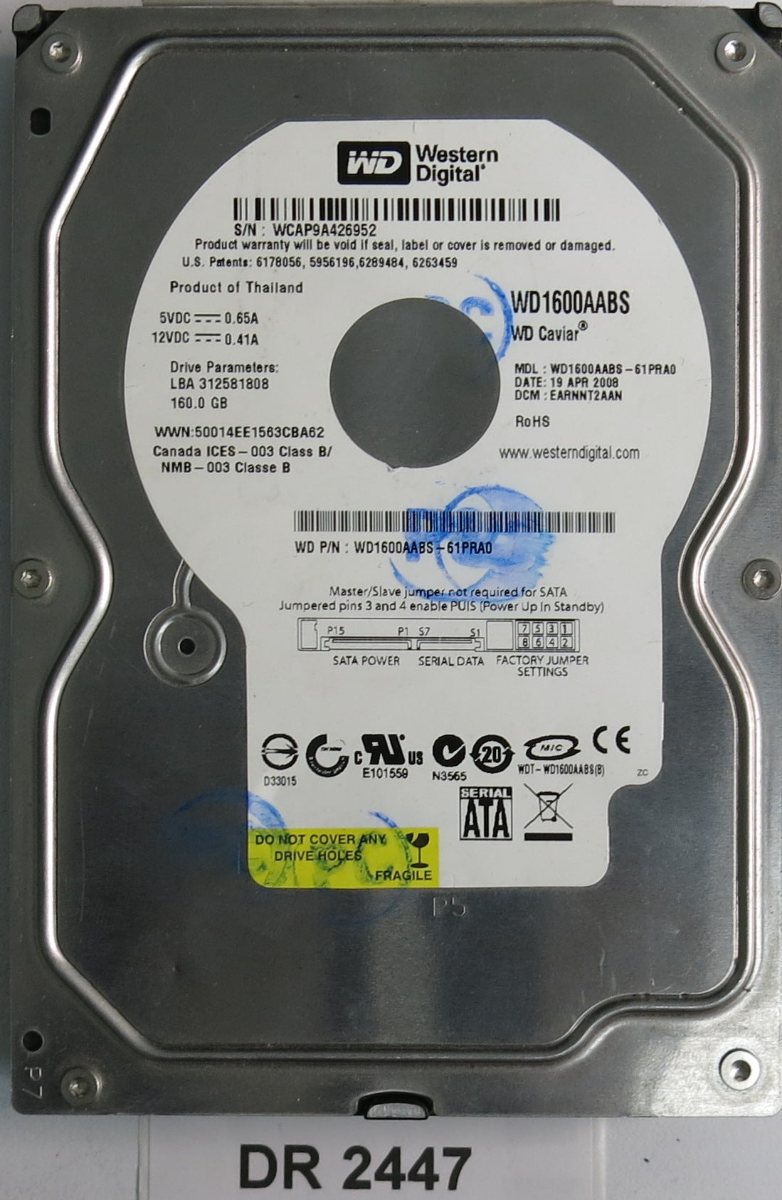 WD1600AABS-61PRA0, DCM EARNNT2AAN, 160GB 3.5, PCB 2060-701444-004 REV A