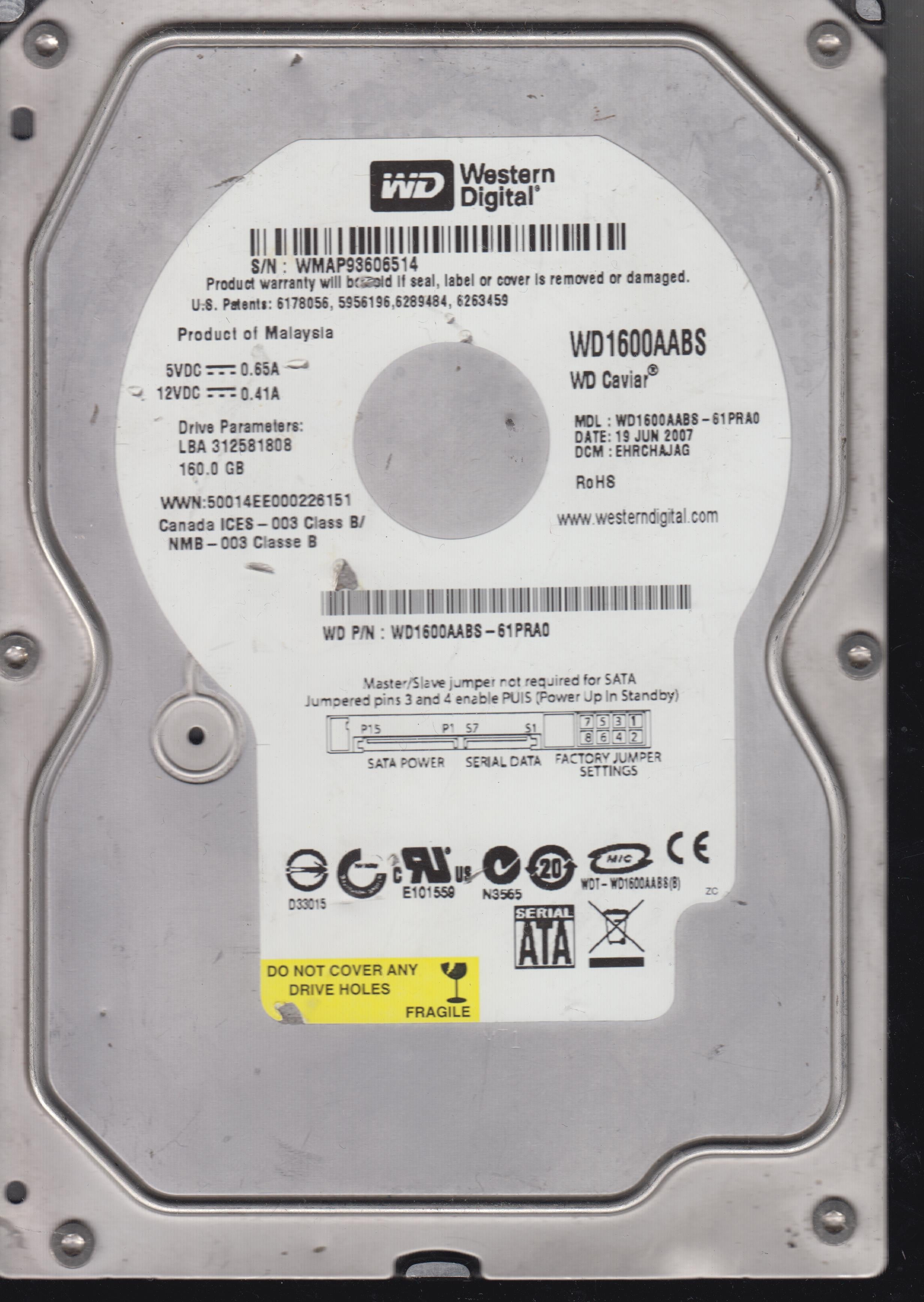 WD1600AABS-61PRA0, PCB:  2060-701444-003 REV A, SERIAL:WMAP93606514, 160GB
