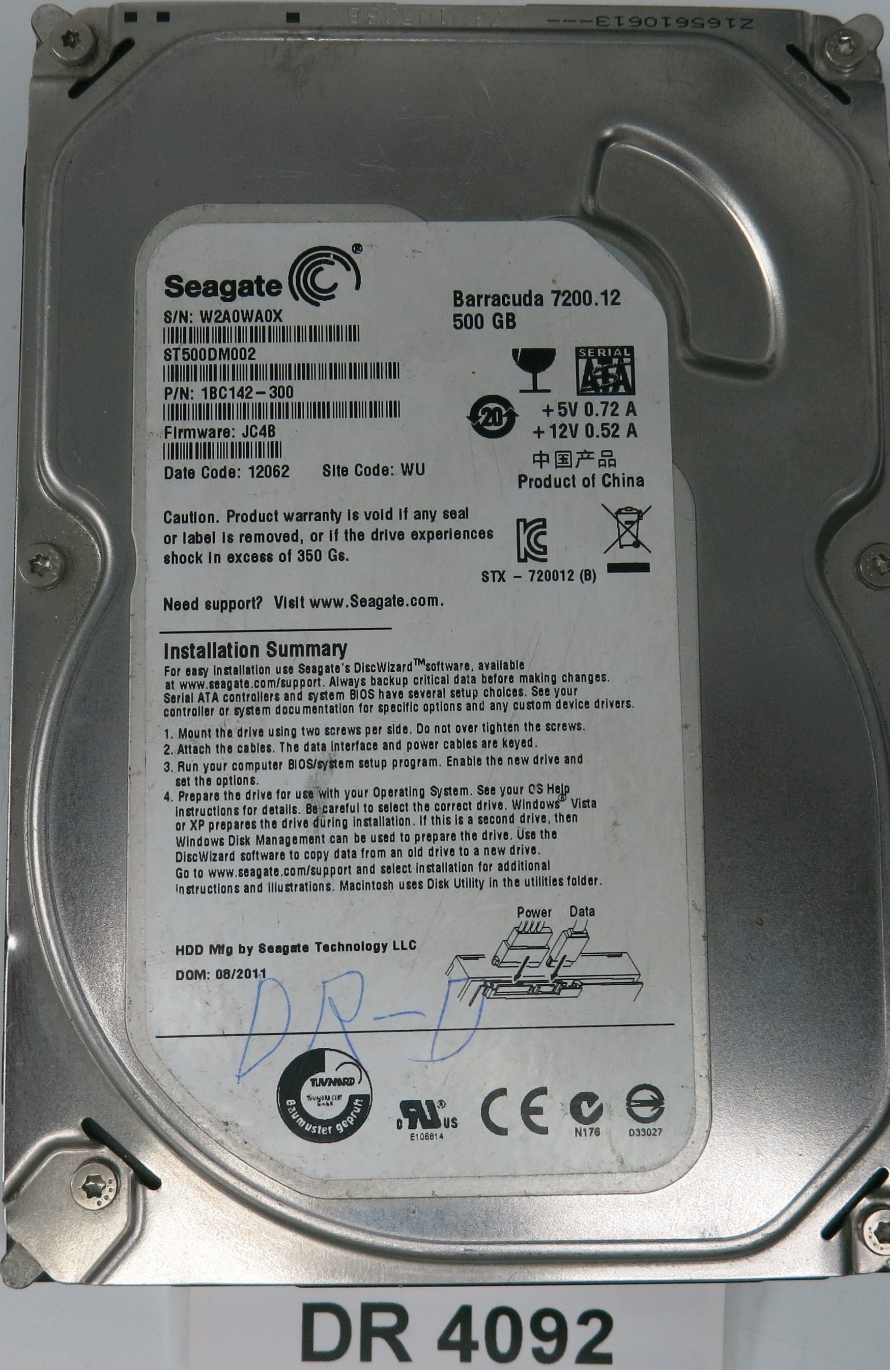 ST500DM002,  P/N:1BC142-300,  Serial:W2A0WA0X,  500GB 3.5,  PCB:100535704- REV C