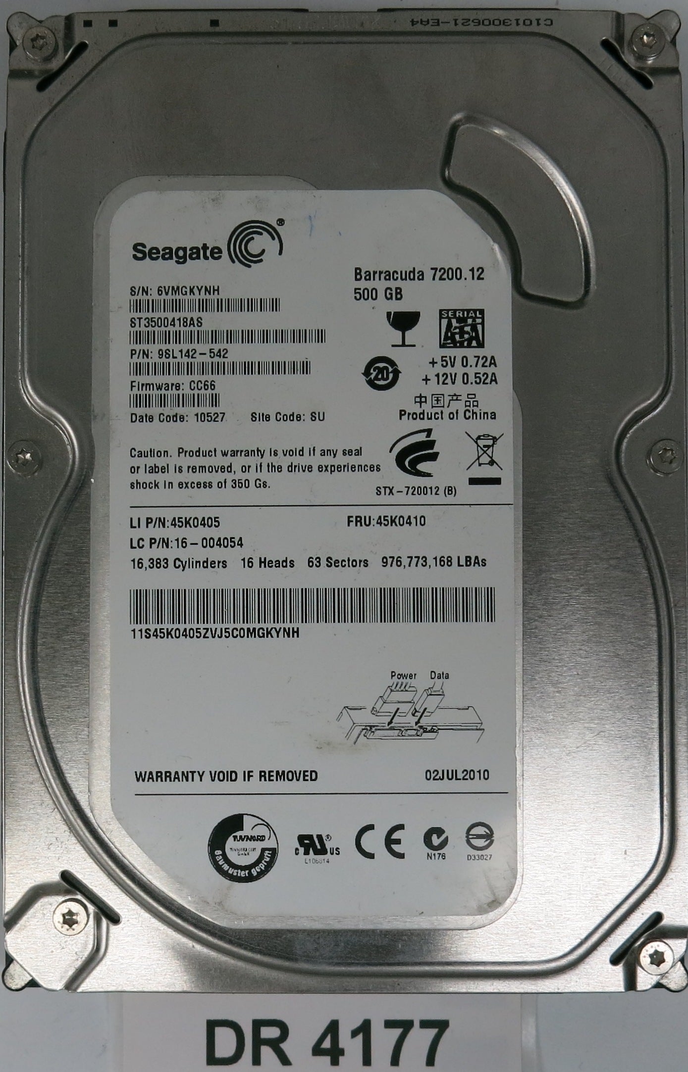ST3500418AS,  P/N:9SL142-542,  FW:CC66,  Serial:6VMGKMKYNH,  500GB 3.5,  PCB:100535704- REV B