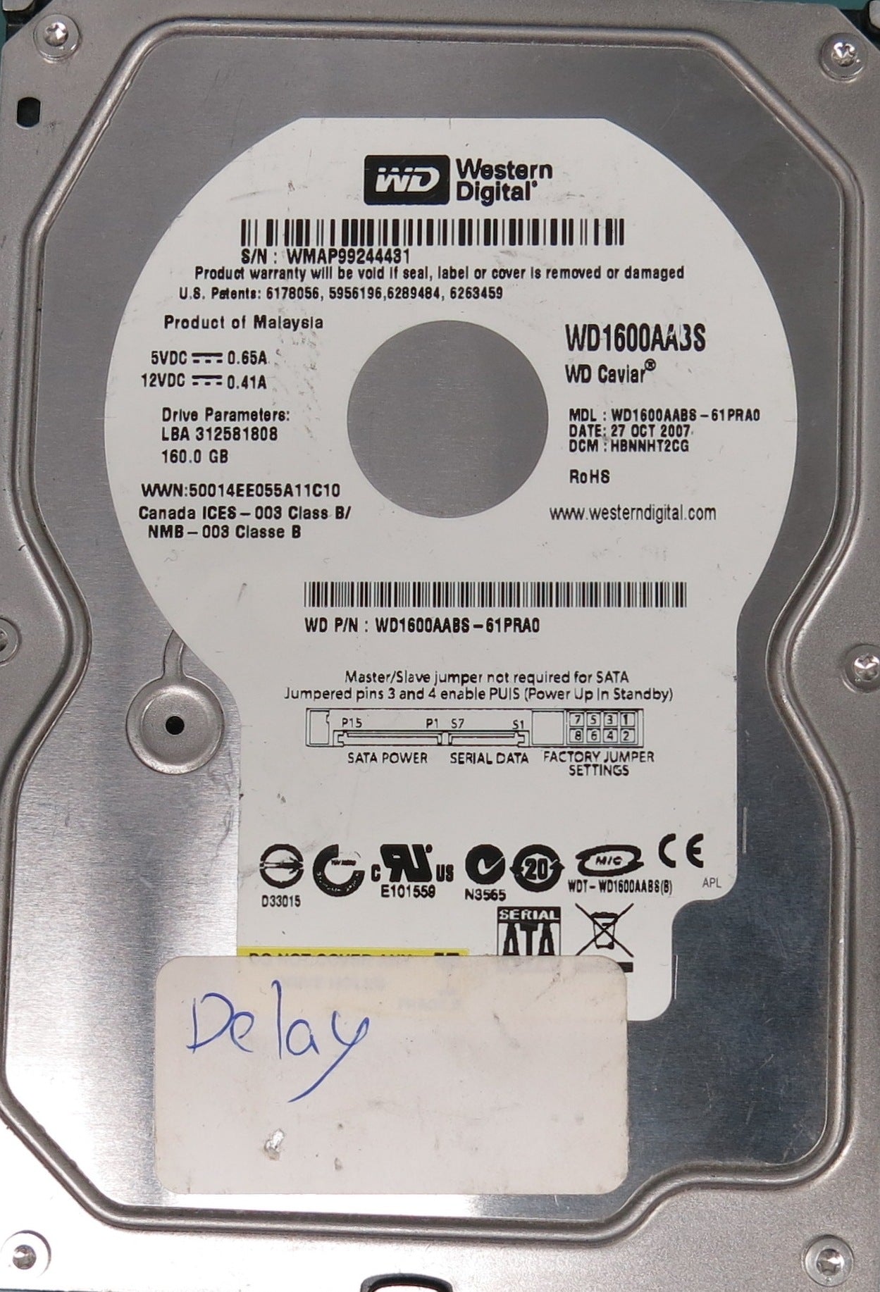 WD1600AABS-61PRA0, DCM HBNNHT2CG, MAIN CHIP: 88I6745-TFJ1, 160GB 3.5