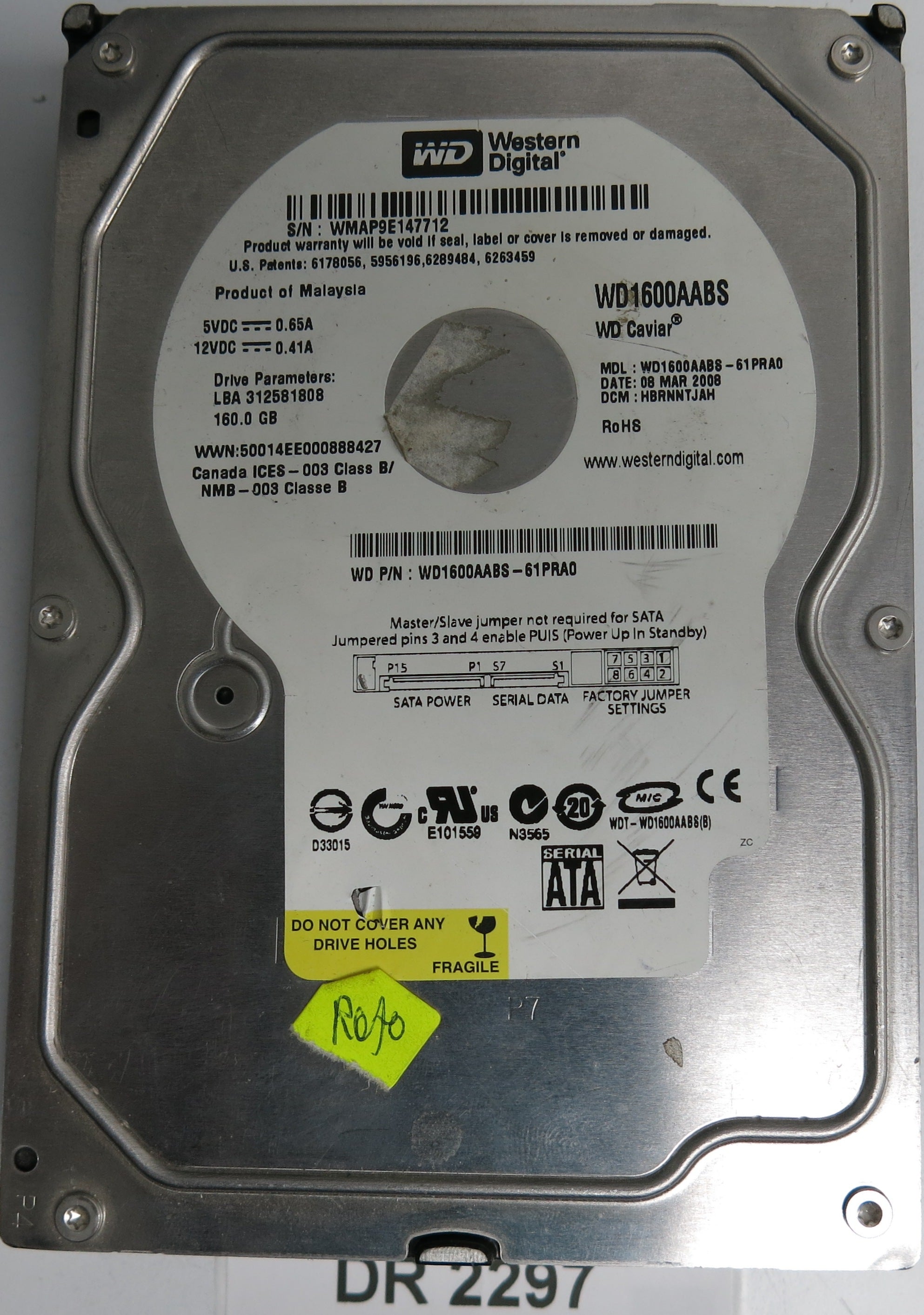 WD1600AABS-61PRA0, DCM HBRNNTJAH, 160GB 3.5, PCB 2060-701444-004 REV A